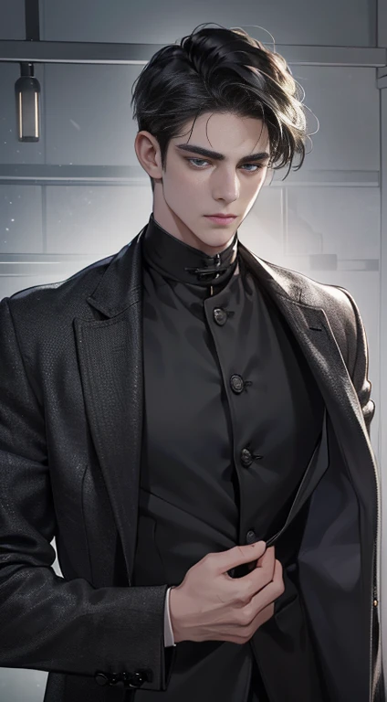 (best quality, masterpiece, 8 thousand, realistic, cinematic lighting, 1:4 HDR images, very detailed, beautiful photoature man, very handsome, ((cold expression)), black short hair, black eye, A perfect face without any mistakes, ((Buttoning my jacket, chief executive))