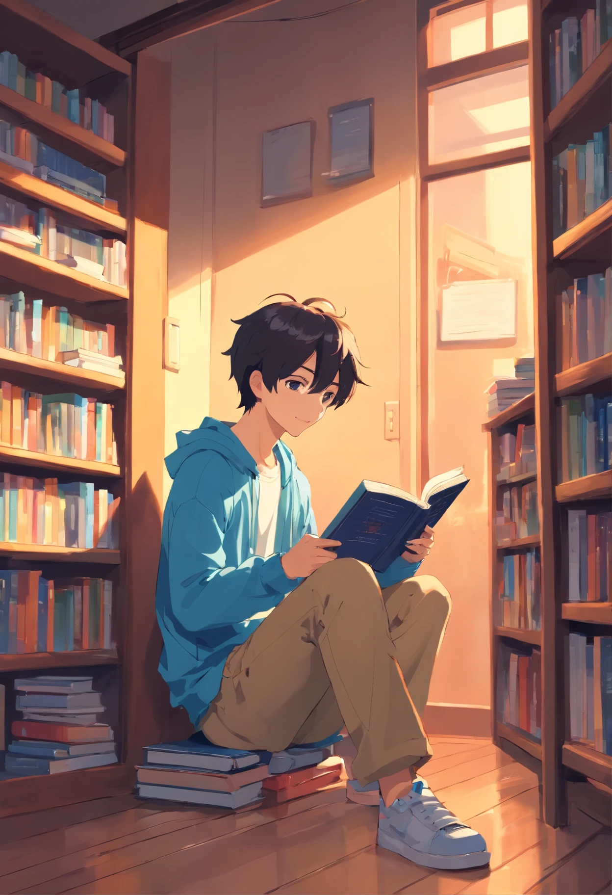 Best Picture Quality，high definition detail，A boy sitting in front of a bookshelf reading a book，Around 20 years old，Bright smile，Flat style，Bright colors,is standing 