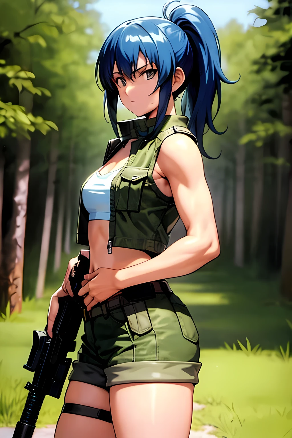 masterpiece, best quality, anime 1990s \(style\, leona heidern, mini top , mini short,open vest., jungle, tactical, pony tail, serious, cammo, army, soldier, blue hair.