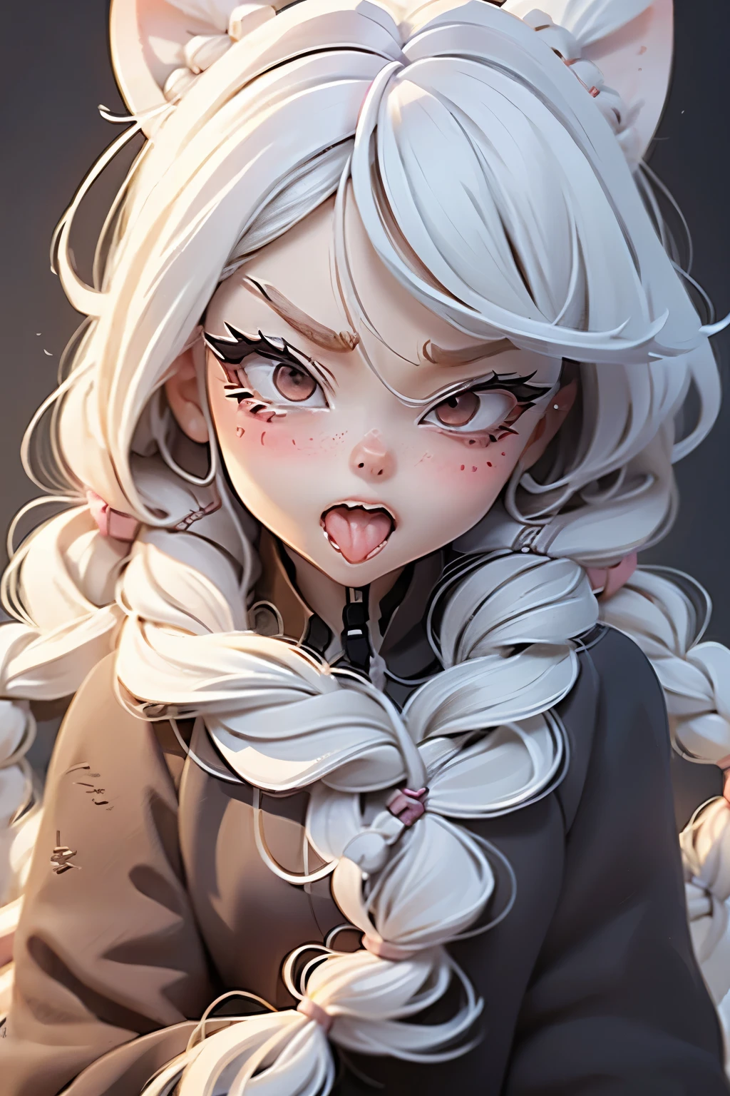 Lolli girl, braid hair, school, closed mouth, anime drawing background, white hair, frontal pose, face close, extremely mad of heavy anger