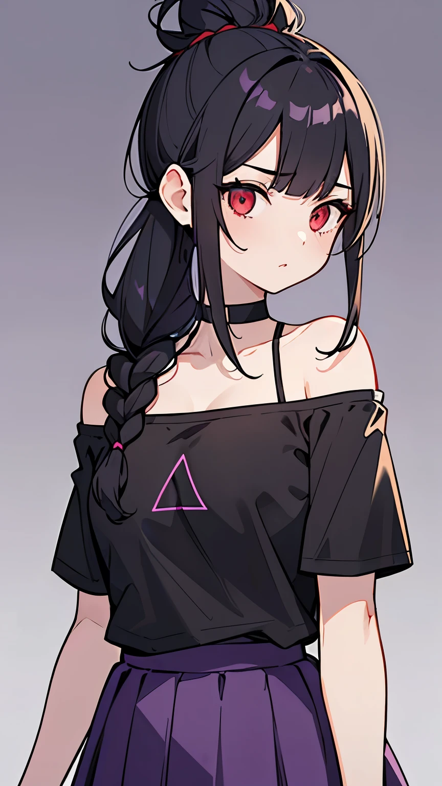 (Girl1,triangle face,red eyes),(black hair,top Knot hairstyle),(purple t-shirt off-the-shoulder neckline,short skirt),standing,white wallpaper,Highly detailed ,8K wallpapers،Highest quality, high resolution, beautiful lighting, detailed shadow,high resolution،highly detailed,detailed faces and eyes,realistic eyes