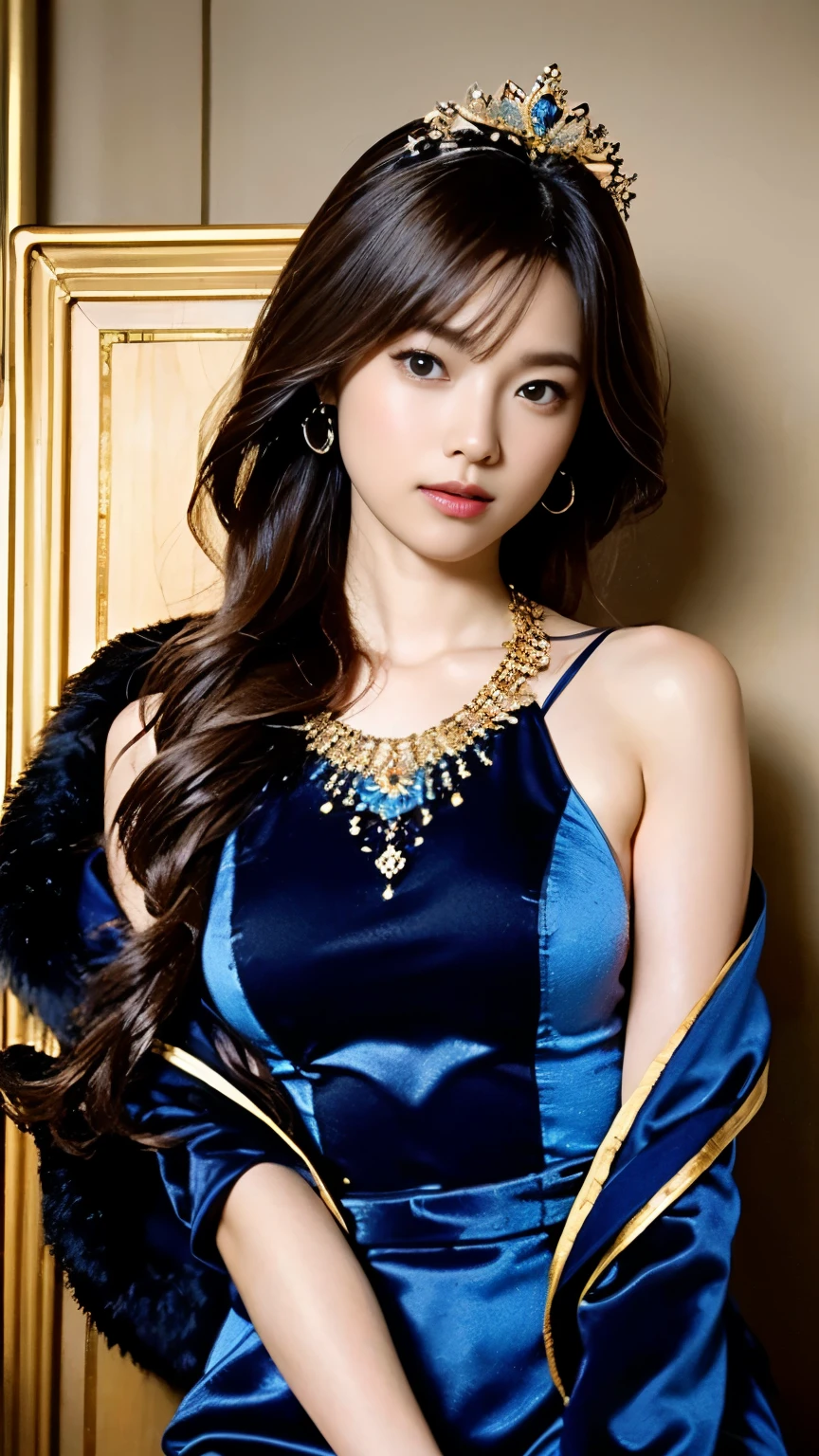 (((Perfect anatomy with detailed depictions of the limbs, with the direction of joint bending taken into consideration))),panoramic, whole body, Historical oil painting style portrait: Queen of Medieval Europe,20-year-old,Very long braided chestnut hair,Slim and muscular,Standing with hands together in front of a medieval throne,後方から撮Shadow,white lace gloves,(((She is wearing a gorgeous, tight, long one-piece dress with long sleeves and a hem that is elaborately and lavishly decorated.))),((This dress is made from a luxurious material like velvet.,Silk and satin,Intricate work with gold embroidered edges,Adorned with pearls and precious stones,The color is deep royal blue)),Symbolizes wealth and high status,She wears a long fur cape decorated with intricate motifs draped over her shoulders.,Dignified and solemn,Her jewelry includes a modest jeweled tiara on her head.,necklace,Earrings,bracelet,The ring is all gold and studded with precious stones.,(The throne is made of wood and decorated with gold leaf.),Dark Background,Complex background,In a medieval room,Soft Front Lighting,No reflection,Attention to detail,(Skin pores,Fabric texture,The Complexity of the Throne),Striving for realism,More about 4K resolution,I can see my pores,(Highly detailed RAW photos),(Extremely,Detailed skin,Realistic,heavy Shadow,Contrast between light and dark),Movie,Imperfect skin, organize,texture,Detailed face,Detailed skin,Detailed fingers,Natural Hand 2-3500,Analog Film Photography,Deep Photo,The depth of the written world,Ferrania P30 Film,Shadow,A woman with big eyes, long eyelashes and a straight nose.々Nice face,Low Light,Faded film,Low saturation,35mm Photography,granular(((Beautiful hair neatly braided))),Fine particles that reflect light,4K Digital SLR Camera,Film Grain,Fujifilm XT3,(Saiharu Body),(Delicate eyes and face),Professional Perspective,Amazing details,All the beauty condensed into one girl,