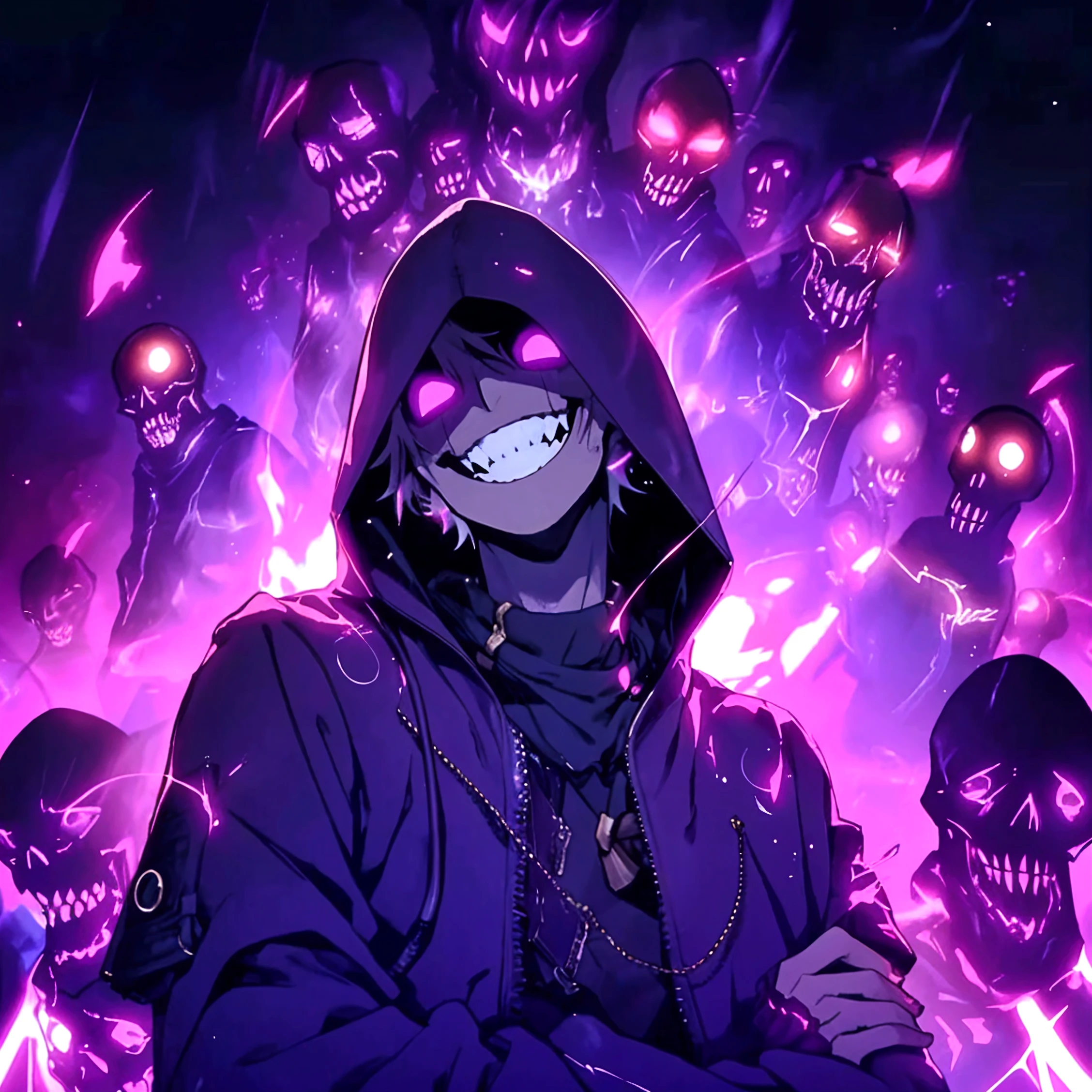 personagem de anime com olhos roxos e um capuz cercado por caveiras, Melhor Anime 4K Konachan Wallpaper, badass anime 8 k, sorriso maligno e olhos brilhantes, Anime Wallaper, Papel de parede anime 4k, Anime Wallpaper 4k, 4k anime wallpapers, Anime Art Wallpaper 4K, Anime Art Wallpaper 4K, Anime Art Wallpaper 8K