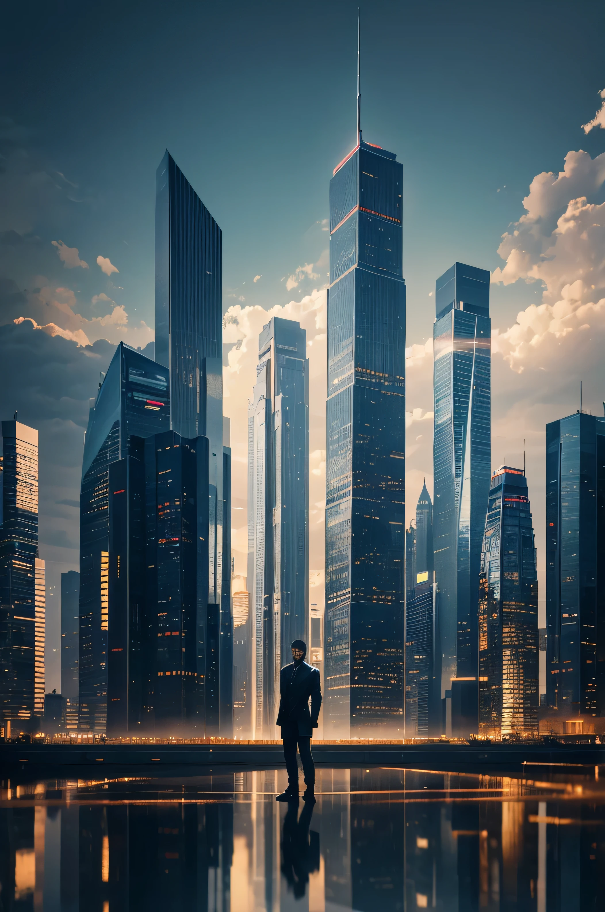 A stunningly composed image captures a futuristic cityscape. His features are striking - weathered yet dignified, with a warm smile crinkling his eyes. Reflecting a blend of tradition and modernity. The sharp contrast between the sleek skyscrapers and mesmerizing visual narrative, inviting viewers to contemplate the intersection of culture and progress. Rich colors and impeccable lighting make this image a masterpiece of contemporary.