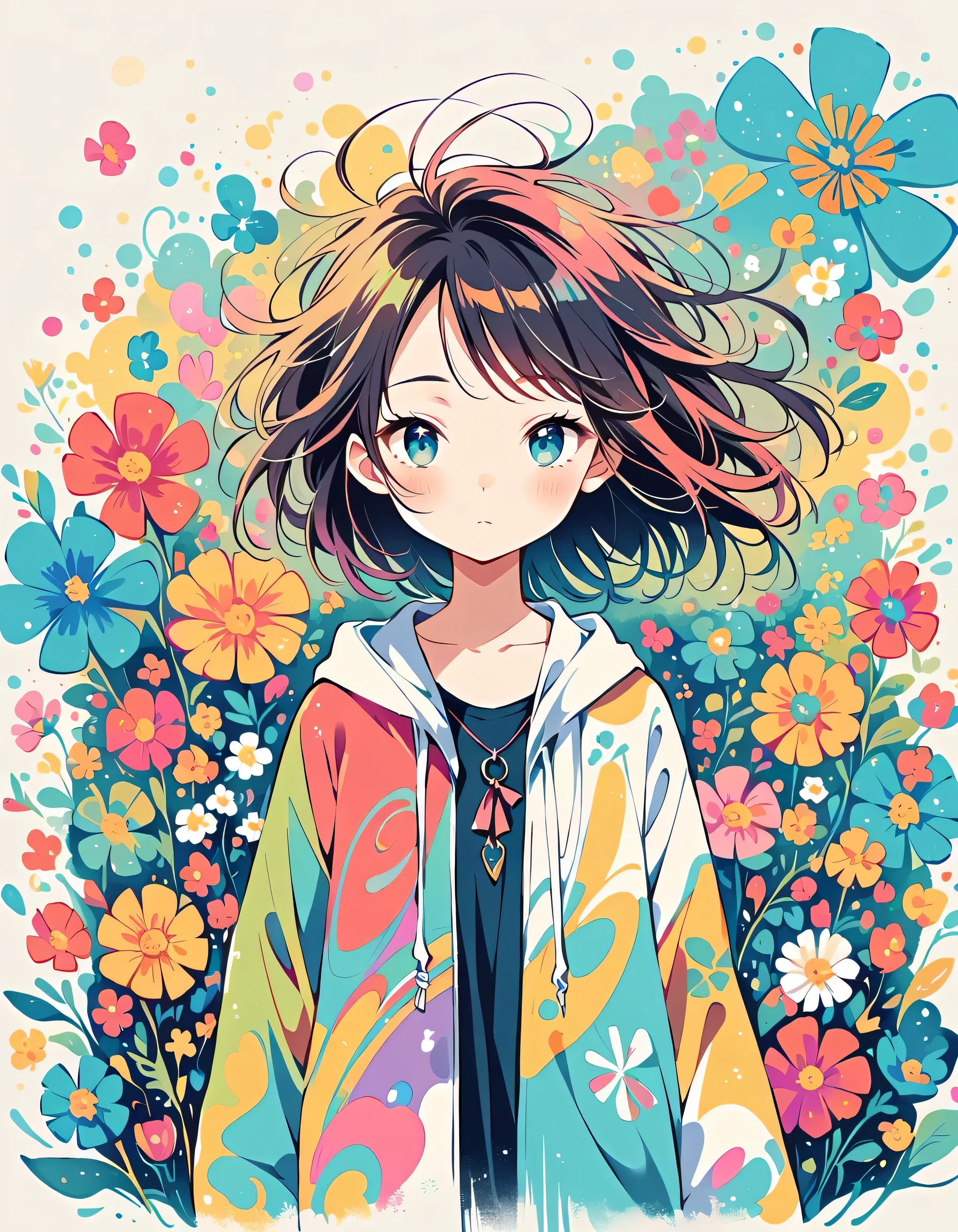 Fukasaka Kurehito style, Standing in front of a high wall,Simple Line Initialism,Abstract art,Urban Background, (((The most beautiful girl))), colorful flowers