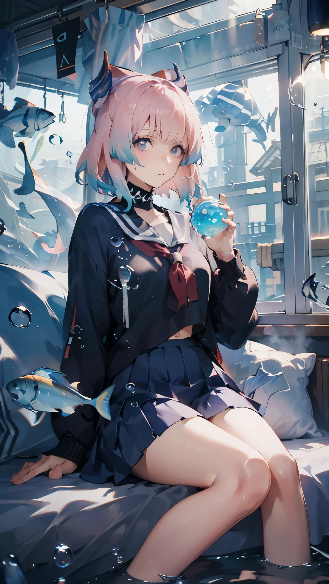 (masutepiece:1.3),(Best Quality:1.2),8K,absurderes,unity 8k wallpapper,(Extremely detailed:1.3),highest grade,hight resolution,amazing,Illustration,beautiful studio soft light,stunningly beautiful,unbelievable Ridiculous,vibrant detail,Cinematic lighting,Moody lighting,pixiv,Award-winning, Professional, Highly detailed,Perfect detailed face,
transport_against_window, 1girl in, Solo, Short hair, Skirt, Long sleeves, Sitting, , White hair, Pleated skirt, shoes, serafuku, Fish, Bubble, Blue theme, (under the water:1.2), (Air bubble:1.3), Train interior, (Surreal:1.2), (Jellyfish:1.2), (Whale:1.1),(Fish:1.2),blurred foreground,