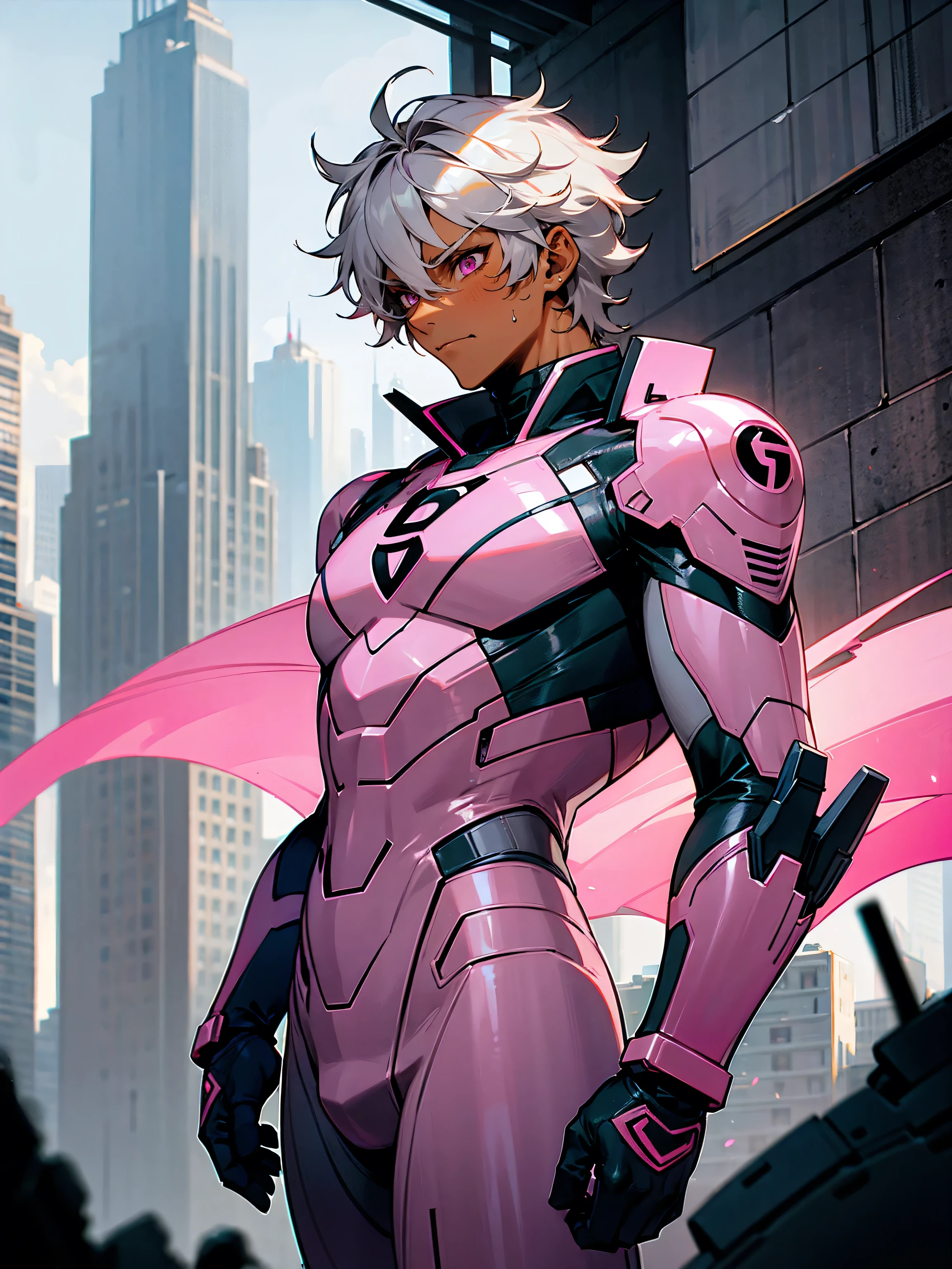 1male, tanned skin, lean build, grey hair, messy hair, pink eyes, superhero suit, confident expression, abandoned city