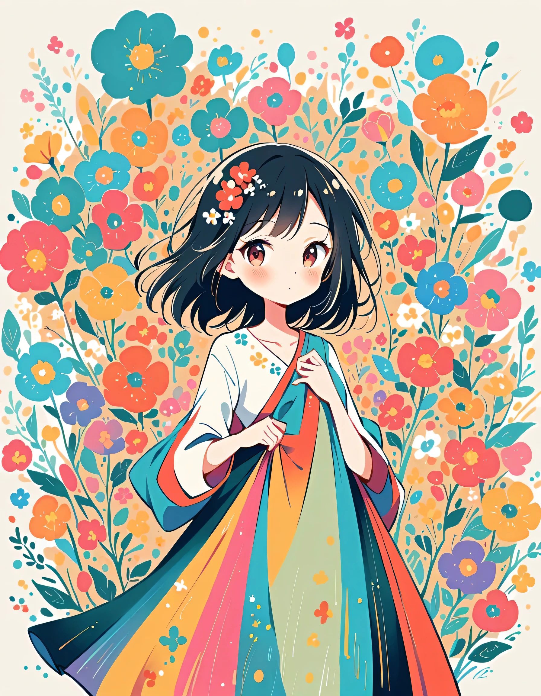 Fukasaka Kurehito style, Standing in front of a high wall,Simple Line Initialism,Abstract art,Urban Background, (((The most beautiful girl))), colorful flowers
