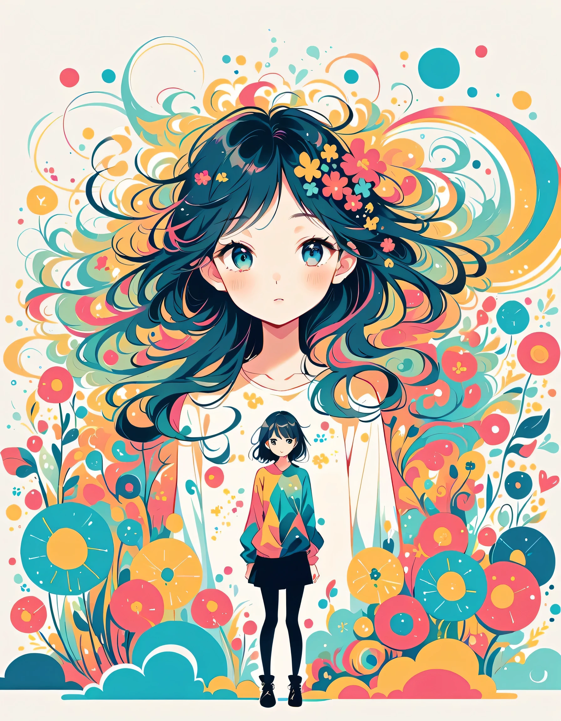 Fukasaka Kurehito style, Standing in front of a high wall，Simple Line Initialism，Abstract art，Urban Background, (((The most beautiful girl))), colorful flowers