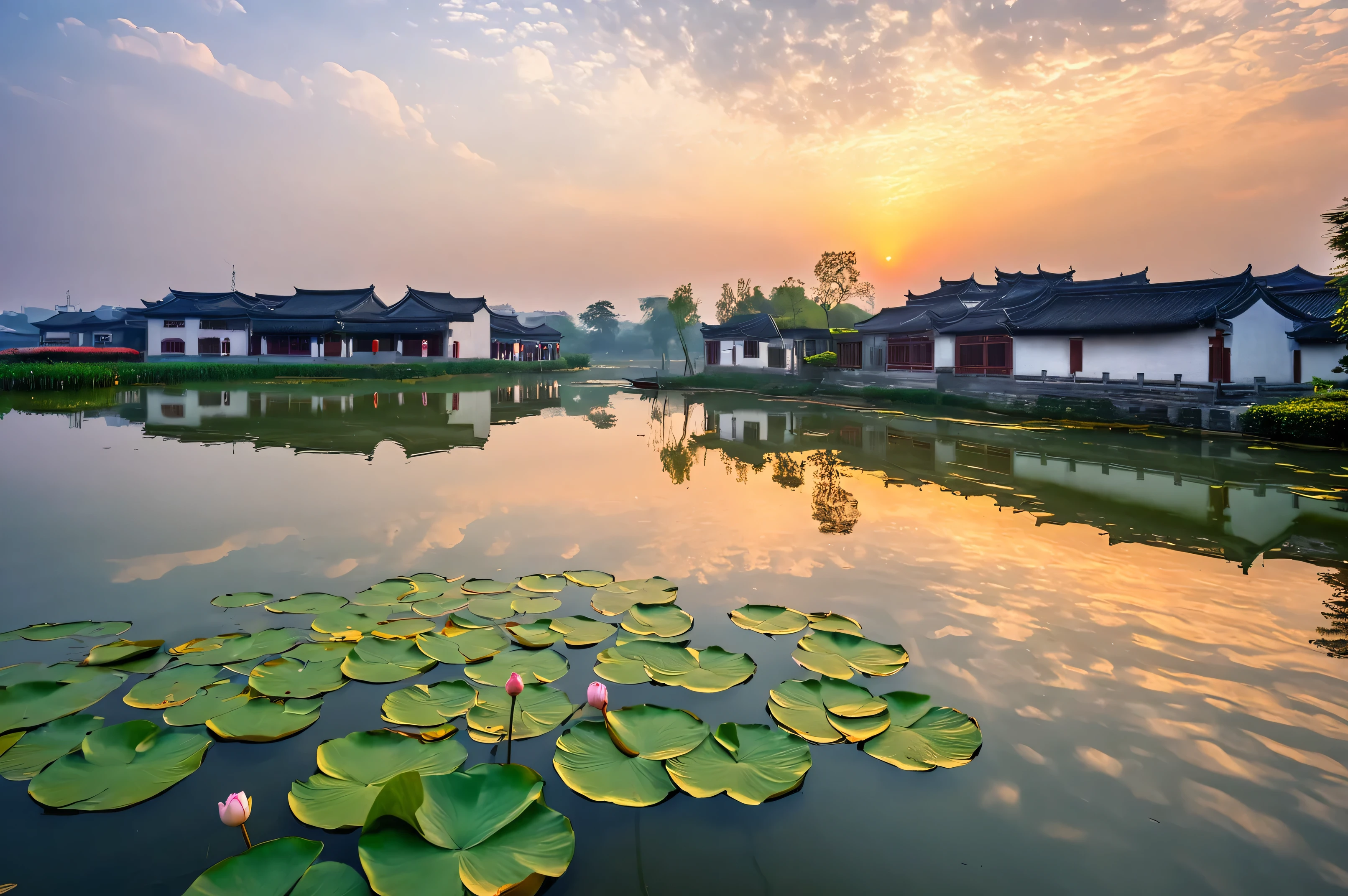 calm afternoon, by Shen Quan, Reflections on the water surface of a village in Jiangnan, China, Lake view of a small village with a lake，Photographed by Shi Rui, shutter, Art Nouveau, Chinese scenery, Hangzhou, old Chinese building, The view of Jiangnan Village during the golden hour, nice images,  at sunrise, Lotus flowers on the water, At sunrise, Lotus Pond, Beautiful scenery 8k、high resolution、National Geographic Works、RAW photos、International Gold Award Photo