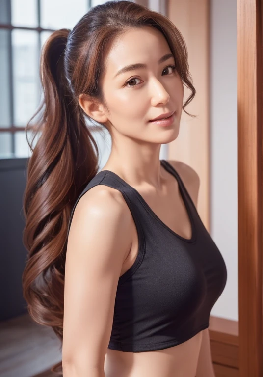 ((highest quality)), ((masterpiece)), (detailed), Beautiful Face、woman、43 years old、Supermodel body type、、Hands tied:3、Hanging、Looking into the camera, , The skin is transparent、、Shapely round breasts, detailedな肌の質感,Full body photo、Long hair with large waves tied in a ponytail、Sportswear