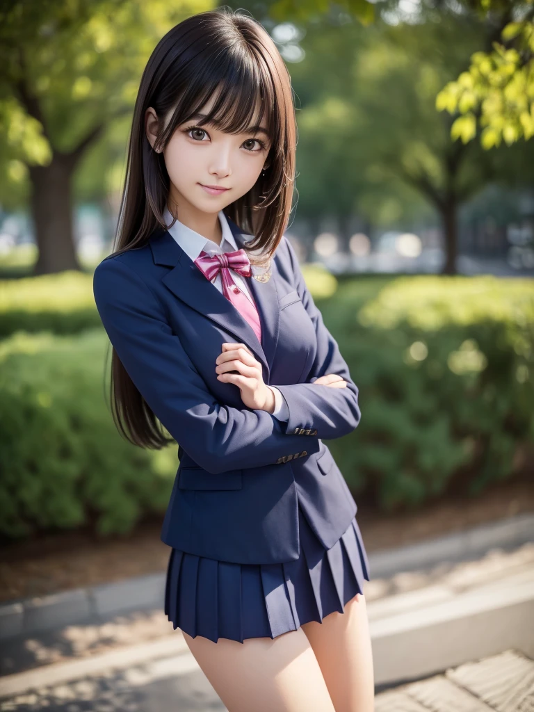 8K, highest quality, The real picture, Intricate details, Very detailed, Ultra-high resolution, Depth Field,(Realistic,Realistic:1.2),Tabletop , (Full Body Shot) , From the middle , 1 girl, eye_Chan, Very beautiful 17 year old girl, innocent big eyes,、Beautiful breasts:1.5、非常に詳細なeye:1.2)、(Beautiful breasts:1.1)、((Brown Hair))、(Semi-long hair), Asymmetrical bangs, Perfect Skin, Fair skin, Small breasts, Tight waist, alone, Staring at the audience, (smile), ((Fold your arms in front of your chest and act arrogantly)), ((楽しそうなsmile)), ((Perfect hand shape)), (Wears a navy blue school blazer uniform:1.3), (Long Bob Hair:1.3), Standing in the park, (The wind is blowing、A navy blue and pink checked miniskirt flips up),