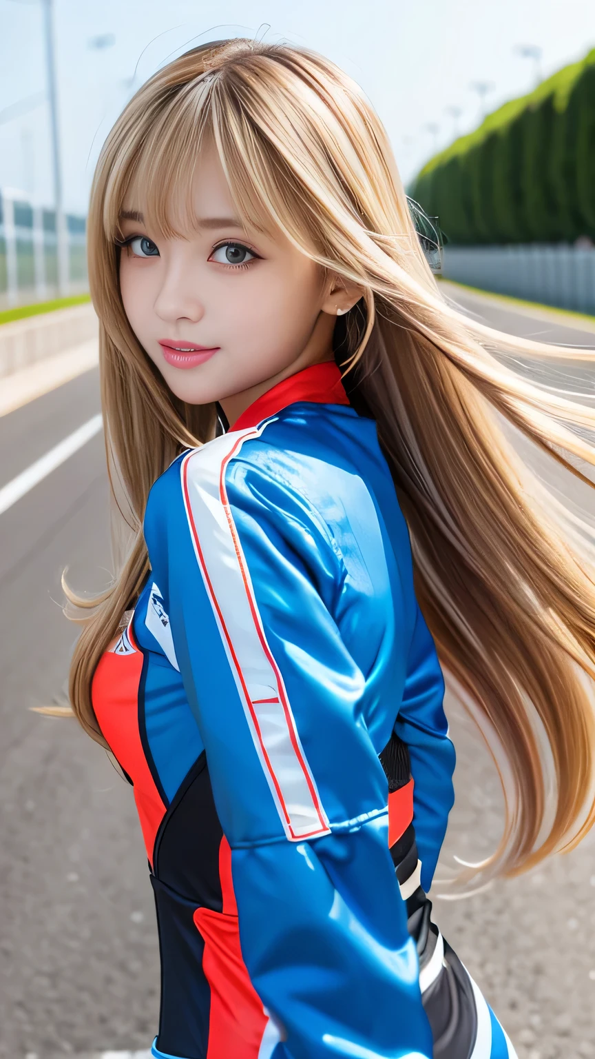 Race Queen、Sexy Big 、A cute -yeld giwith a sexy and cute look, beautiful and sexy face、A strong wind blows my hair in front of my face、With straight blonde hair、beautiful, Cute and sexy eyes hidden behind long bangs、Companion Girl