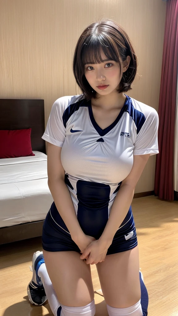 masterpiece, best quality, illustration, Super detailed, fine details, High resolution, 8K,wall paper, perfect dynamic composition,(Details High quality, realistic depiction of eyes:1.3), (short hair volleyball player, Volleyball Uniforms, short bob hair, black hair color, Big Natural Color Lip, Large swollen breast, perfect body shape, showing a delicate slim figure and graceful curves, (hotel room Background), (Hanging with hands tied above head、Kneeling), crying a little、cold gaze, Don't expose it、 Harajuku style、20 year old girl、cute type、ta, hposing Gravure Idol, full body photo、focus on crotch