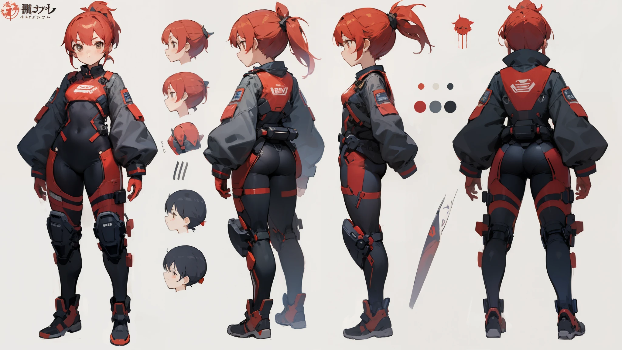 Pilot Suit、Red Ponytail（whole body，Character design sheet，front，return，~ side）