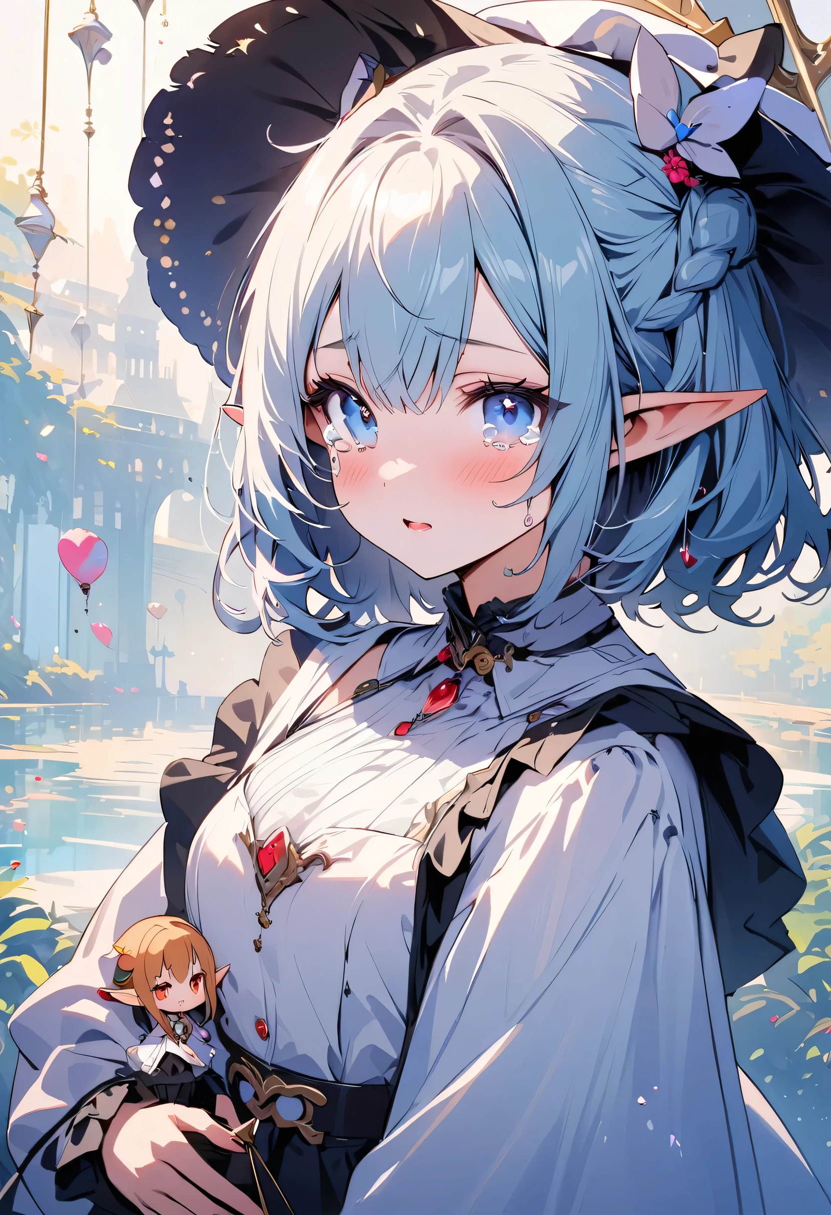 masterpiece, highest quality, Illustrations for novels, High resolution, 18+ Adult content, Sensual, Intimate, Emotional, Passionate, romantic, sweet, Adorable, Innocent, Pure, Fascinating, Fascinating, attractive, Mysterious, Fascinating, Fascinating, Immersive, Fascinating, dream-like, Surreal, Imaginative, Whimsical, artistic, Avant-garde, timeless, elegant, Sophisticated, chic, Sophisticated, Individuality, original, Fascinating,((Loli Elf:1.3)),((Beautiful Tears))、Upper Body、(chibi)