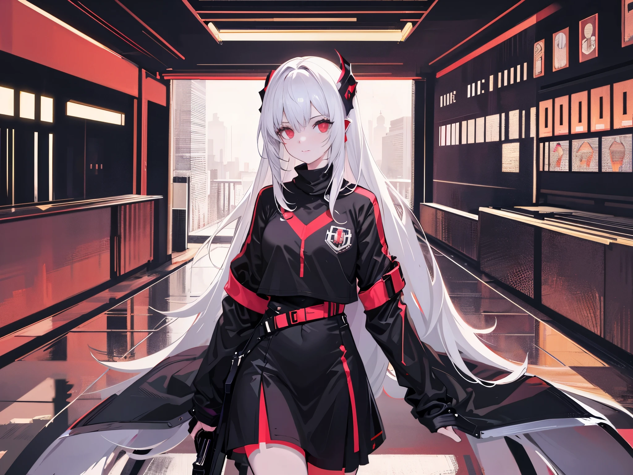 Este es un fondo de pantalla CG Unity 8k con ultra detallado, High resolution and high quality in cyberpunk style, dominado por el negro y el rojo. En la imagen, Una hermosa chica con el pelo corto blanco desordenado, un rostro delicado, Using a steam wick mask, De pie sobre las ruinas,
