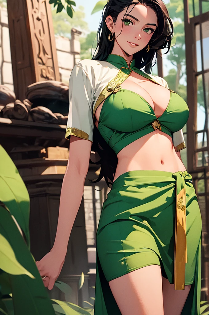 Vanessa Kirby, pony tail, (traditional vietnamese cloths), tight cloths, green eyes,shy smile, jewelry, navel, cleavage,beautiful woman,stockings,(large breasts) ,sexy body, buxom, Milf, ultra detailed,realistic, castle in the clouds, lost city in the jungle, ruins
