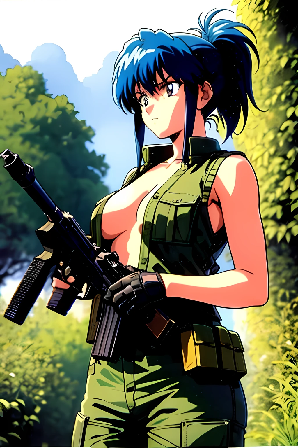 masterpiece, best quality, anime 1990s \(style\, leona heidern, naked , short,open vest., jungle, tactical, pony tail, serious, cammo, army, soldier, blue hair.