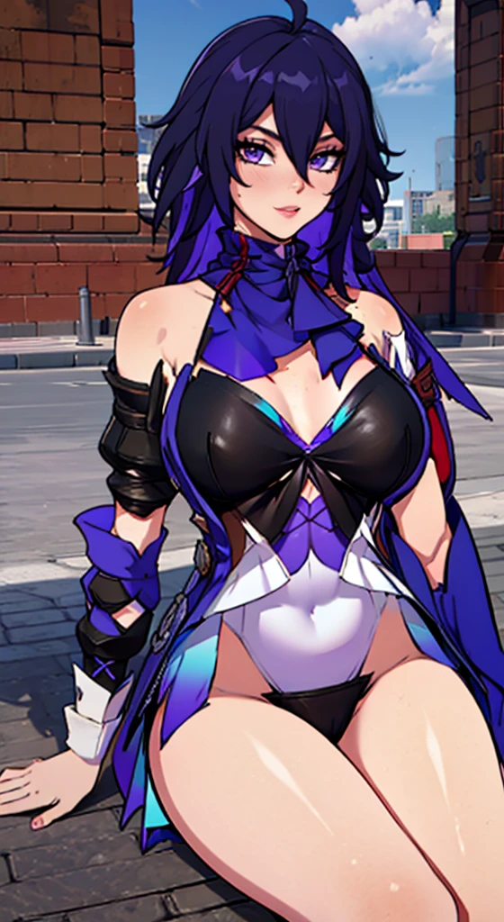 , 8K, HDR, motor ureal, ultra qualidade,  cabelo prata  , Seios longos, pose dinamica  realista detalhado, corpo, 8k, ultra-detailed hoyoverse 1girls purple hair busty female huge breasts looking at viewer mature woman (clothes) purple eyes seductive eyes seductive look sitting