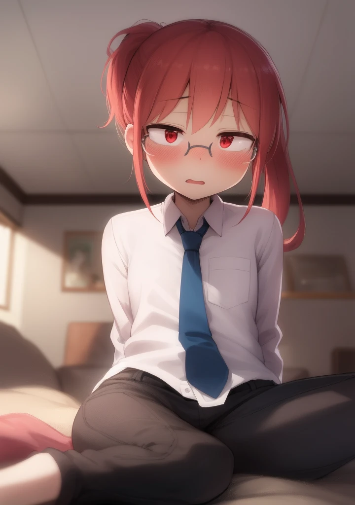 (masterpiece, best quality:1.2), extremely detailed, soft ambient lighting, sharp focus, 4K, BREAK kobayashi \(maidragon\), 1girl, solo, ponytail, glasses, sanpaku, red eyes, white shirt, red hair, collared shirt, pants, yellow tie, flat chest, BREAK indoors, living room, lying on couch, drowsy, looking at viewer, blush, shy,