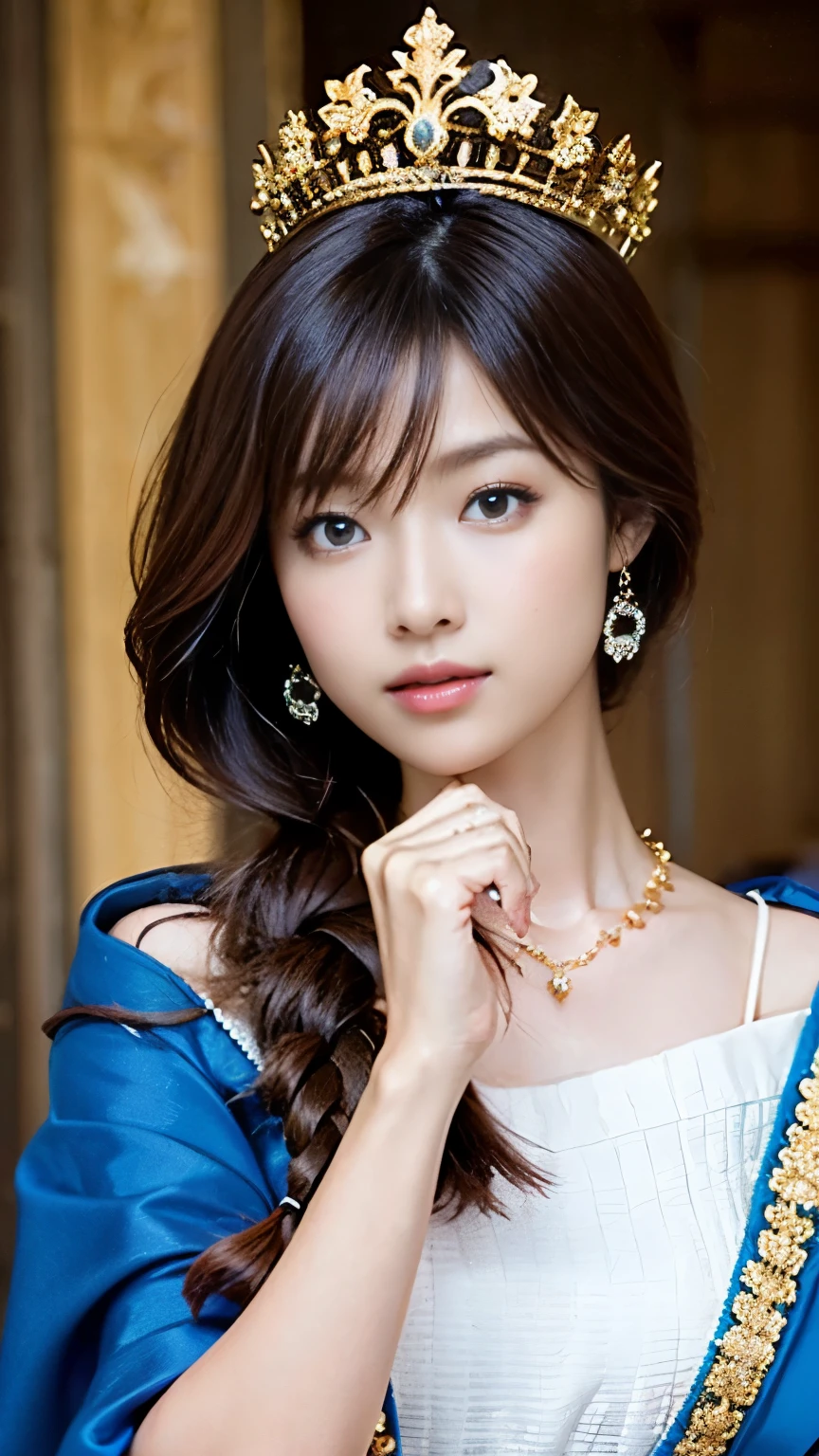 (((Perfect anatomy with detailed depictions of the limbs, with the direction of joint bending taken into consideration))),panoramic, whole body, Historical oil painting style portrait: Queen of Medieval Europe,20-year-old,Very long braided chestnut hair,Slim and muscular,Standing with hands together in front of a medieval throne,White satin gloves that cover the elbows,She is wearing a gorgeous, tight, long one-piece dress with long sleeves and a hem that is elaborately and lavishly decorated.,((This dress is made from a luxurious material like velvet.,Silk and satin,Embroidered with gold and indigo threads,Adorned with pearls and precious stones,The color is deep royal red)),An emblem that symbolizes wealth and high status,She wears a long fur cape decorated with elaborate motifs draped over her shoulders.,Dignified and solemn,Her jewelry includes a modest jeweled tiara on her head, a necklace, earrings, bracelet, and rings, all of which are gold and studded with precious stones.,Her braided chestnut hair is decorated with expensive hairpins and a pearl-studded net.,Her shoes are as elegant as the rest of her outfit.,The throne is made of wood and decorated with gold leaf.,Dark Background,Complex background,In a medieval room,Soft Front Lighting,No reflection,Attention to detail,(Skin pores,Fabric texture,The Complexity of the Throne),Striving for realism,More about 4K resolution,I can see my pores,(Highly detailed RAW photos),(Extremely,Detailed skin,Realistic,heavy Shadow,Main Light,Subsidy light),Sharp focus,Movie,Imperfect skin, organize,texture,Detailed face,Detailed skin,Detailed fingers,Natural Hand 2-3500,Analog Film Photography,Deep Photo, Depth of written boundary,Ferrania P30 Film,Shadow,A woman with big eyes, long eyelashes and a straight nose.々Nice face,Low Light,Faded film, Low saturation, 35mm Photography, granular(((Beautiful braided hair))),Fine particles that reflect light,4K Digital SLR Camera,Film Grain,Fujifilm XT3,(Saiharu Body),(Delicate eyes and face),Professional Perspective,Amazing details,Beauty condensed into one girl,繊細でHigh noseを持つ美しい顔,Tight waist,hips pointing upwards,High nose, Clear chestnut eyes, Glossy lips,