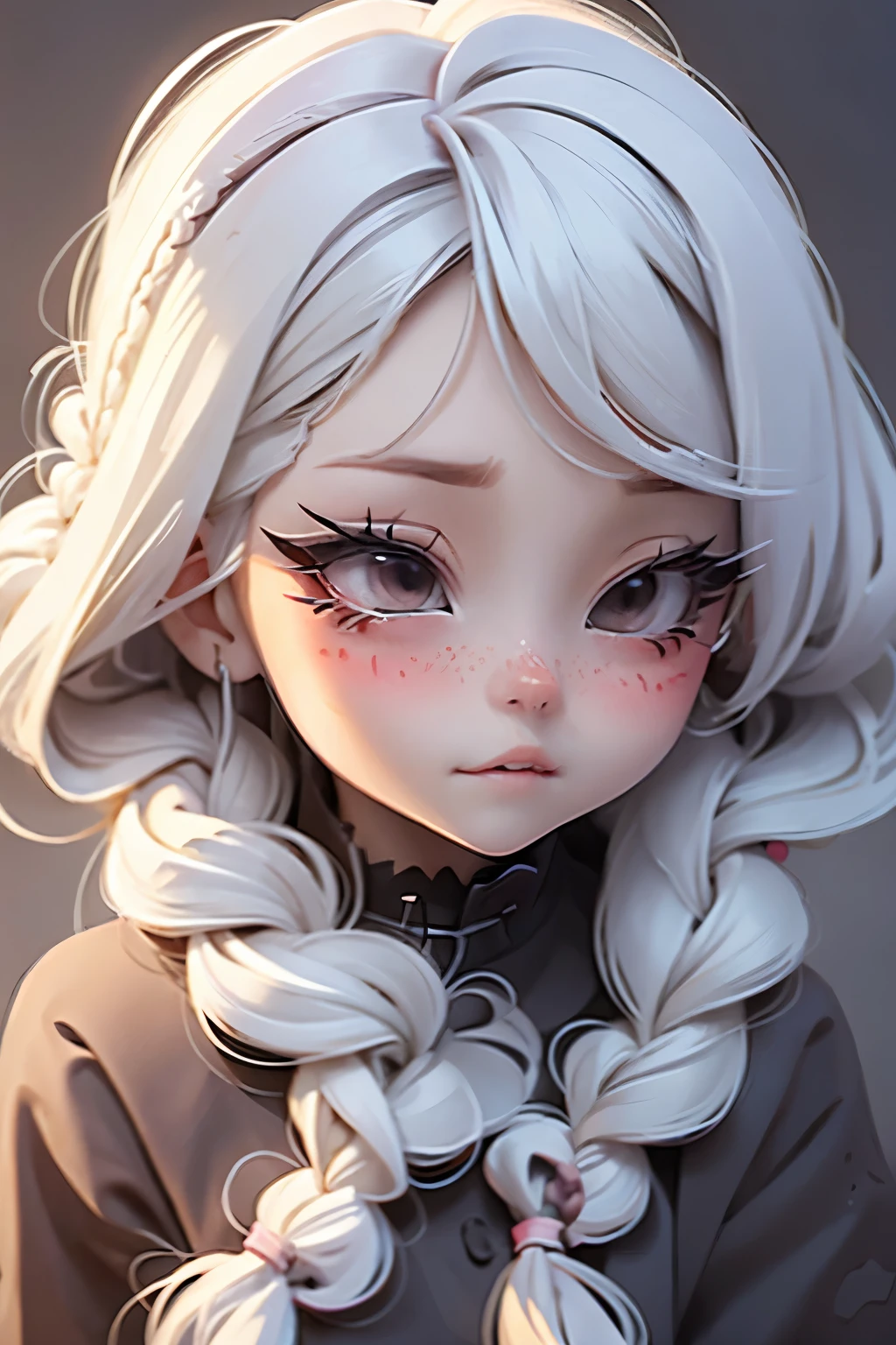 Lolli girl, braid hair, school, closed mouth, anime drawing background, white hair, frontal pose, face close, fear of the dark