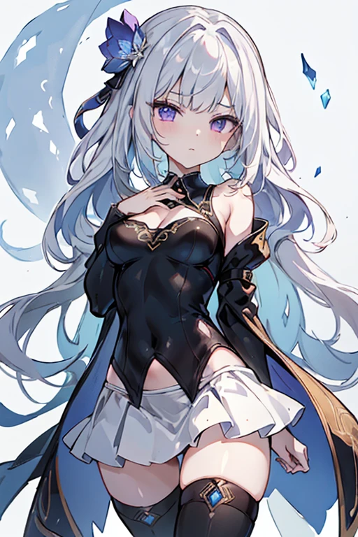 1girl, anime, cute girl, blank background, white background, fantasy, detailed fantasy dress with highlights, beautiful face, beautiful eyes, dark colors, black hair with multicolor streaks, red eye with different color pupil in eye, multicolor eye, medium breasts, slight cleavage, beautiful skin, cute, breast curtains, extremely delicate and beautiful, (beautiful detailed face:1.0), (detailed deep eyes), symmetrical breasts, deep eyes, shiny skin, portrait, slender waist, hips wider than shoulders, thighs, expressionless, young girl, luminous eyes, adorable,(Kpop idol),(aegyo sal:1),(Platinum blonde hair:1),((puffy eye)),Black panty,sexy posture,Superskirt, Ultra-high resolution,Black collar,slim figure, Abdominal y tattoo, womb tattoo,Tight-fitting leg ring,y tattoo on half-body,Bare skin, Armored hand,Hidden fingertips,Hand covered,Arm covered,Fist covered,{{beautiful detailed fingers}}, tufts of hair, moderate beautiful breast:1.0,(masterpiece:1.2), best quality, high-res, HDR, perfect face, intricate armor, delicate blue filigree, intricate filigree, red metalic parts, detailed part, dynamic pose, dynamic lights, cute face, neutral expression, shuimobysim, lotus, hanfu, maxi skirt, dress conservatively 1girl, solo, long blue hair, standing, One lady,14years,((White hair) ,(Shiny purple bodysuit with microskirt),((Fantasy, Moon Night)), gradient_eyes,