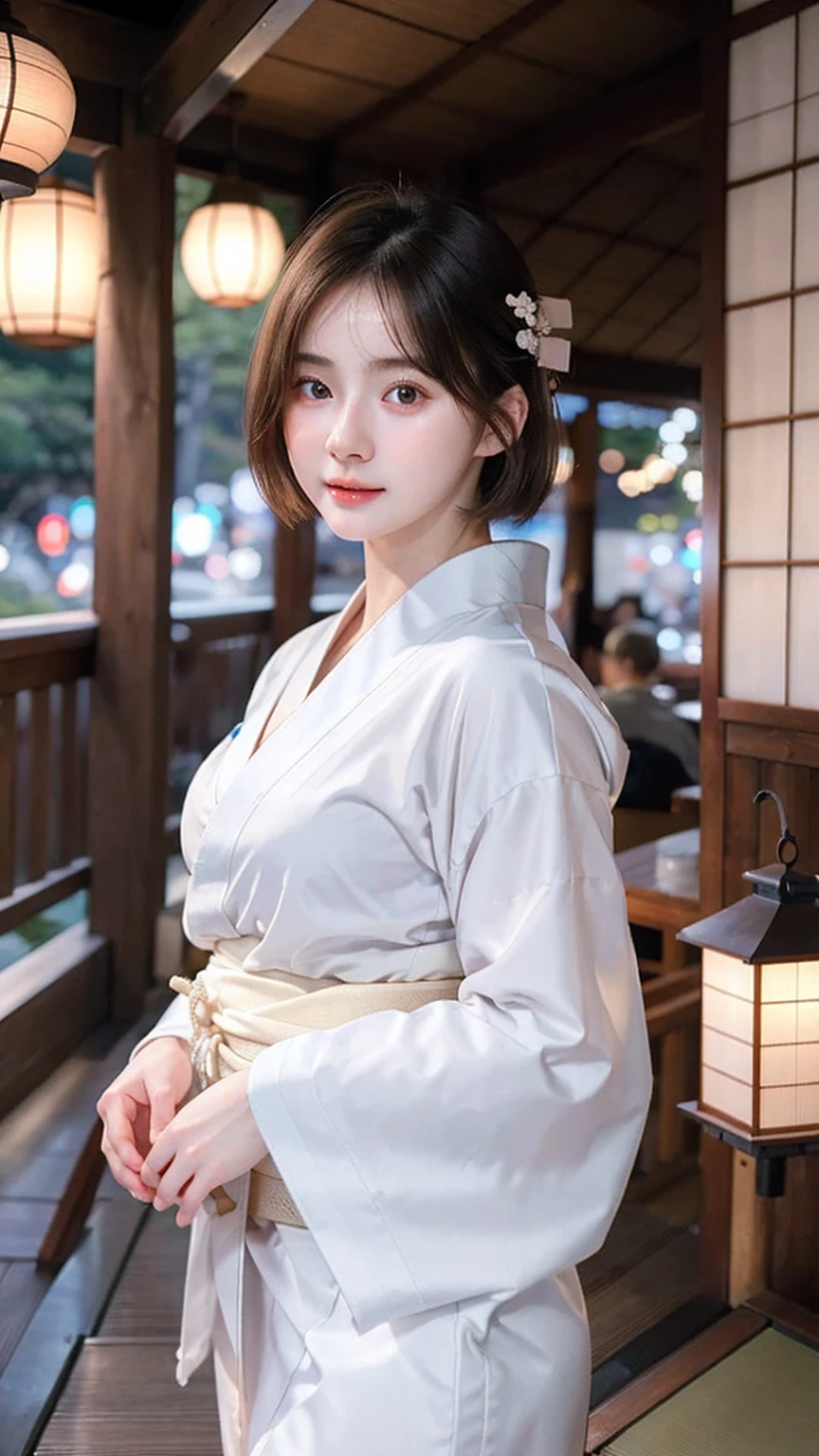 ((best quality)), photorealistic, photorealism, Photorealistic, high resolution, Beautiful, Baby Face, 20 Years Old, White Skin, pale skin, medium breast, seductive pose, dynamic pose, looking at the camera, (Detailed face), short hair, sexy body, (wearing japanese kimono, yukata), Fingers are occluded, bokeh, cafe background