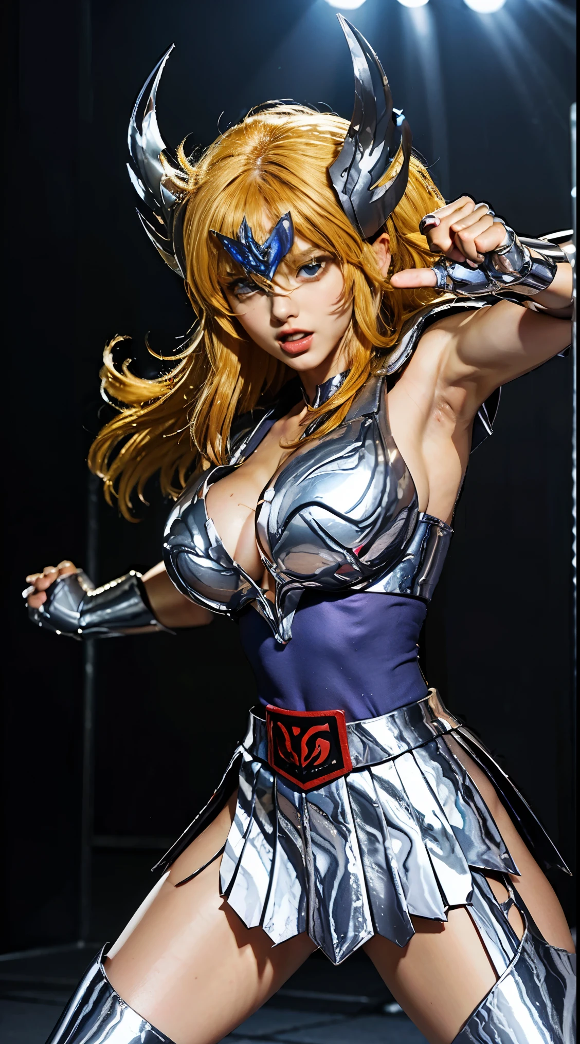 In the martial arts arena of the Colosseum in Greece、Martial Arts Tournaments、Saint Seiya、Beautiful One Girl、huge-breasted、cleavage of the breast、beauty legs、(((Wearing metallic glowing futuristic combat armor)))、((Metal Armor))、((Scream))、((exclamation))、((fighting poses))、8k, top-quality, （pubic hair beauty）、hight resolution, lifelike, realperson, blonde girl