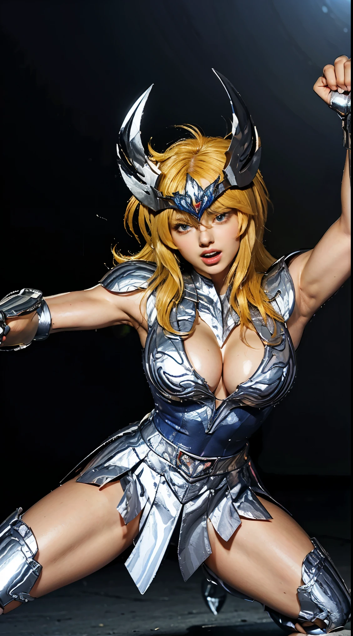 In the martial arts arena of the Colosseum in Greece、Martial Arts Tournaments、Saint Seiya、Beautiful One Girl、huge-breasted、cleavage of the breast、beauty legs、(((Wearing metallic glowing futuristic combat armor)))、((Metal Armor))、((Scream))、((exclamation))、((fighting poses))、8k, top-quality, （pubic hair beauty）、hight resolution, lifelike, realperson, blonde girl