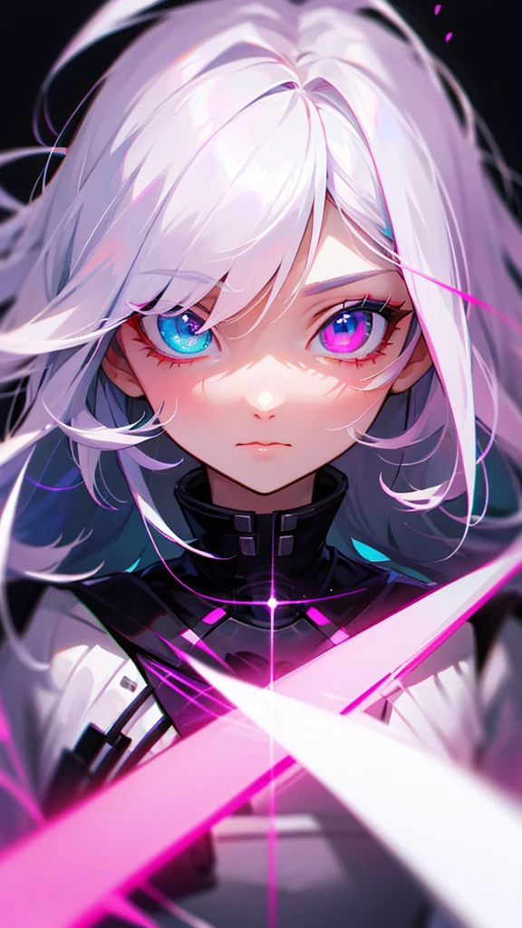 Highest quality explanation=She has long, white hair and pink and blue heterochromatic eyes.