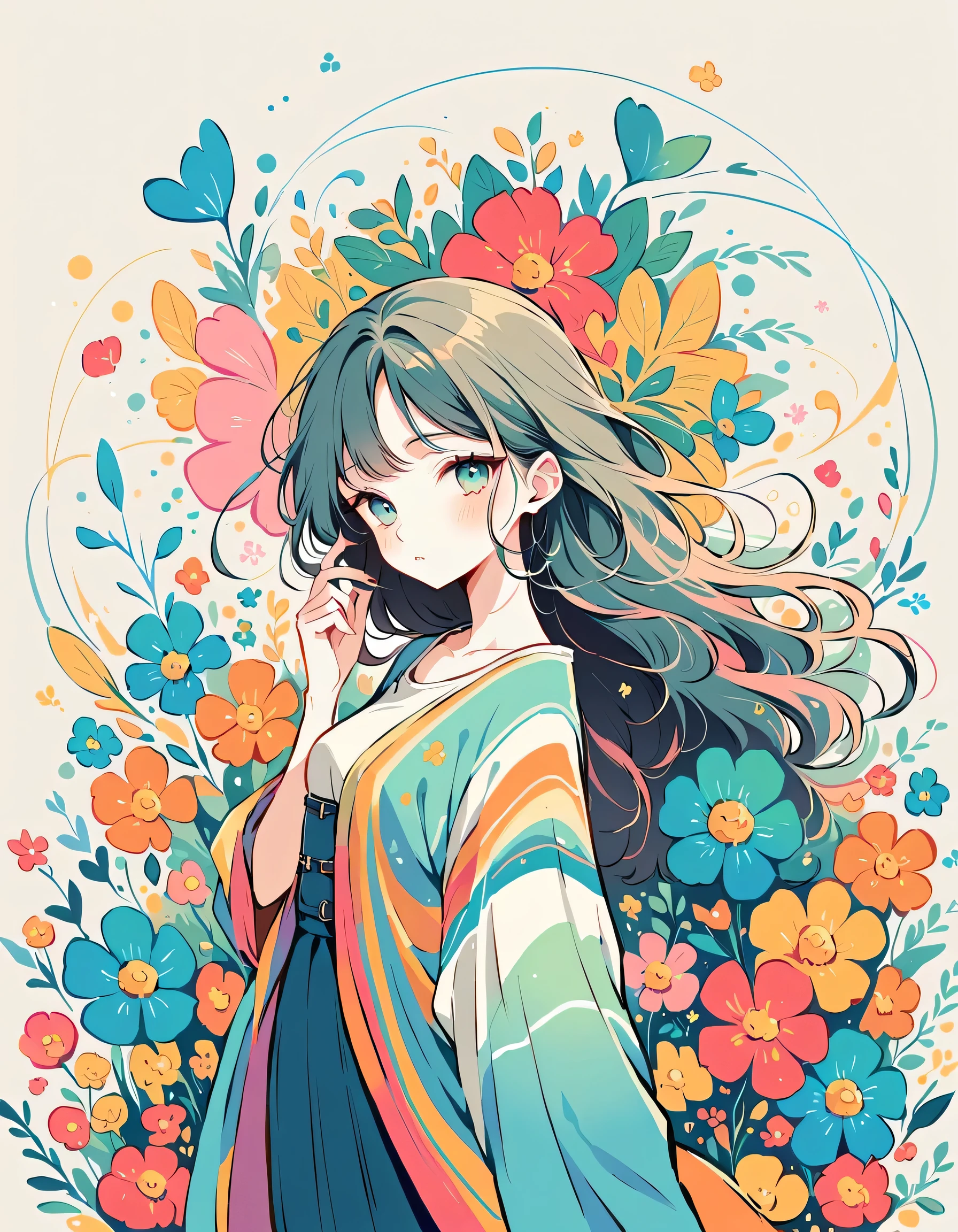 Akakura style, Standing in front of a high wall，Simple Line Initialism，Abstract art，Urban Background, (((The most beautiful girl))), colorful flowers