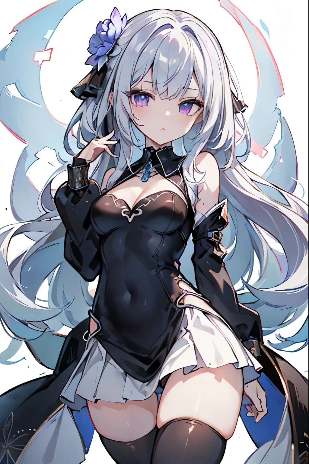 1girl, anime, cute girl, blank background, white background, fantasy, detailed fantasy dress with highlights, beautiful face, beautiful eyes, dark colors, black hair with multicolor streaks, red eye with different color pupil in eye, multicolor eye, medium breasts, slight cleavage, beautiful skin, cute, breast curtains, extremely delicate and beautiful, (beautiful detailed face:1.0), (detailed deep eyes), symmetrical breasts, deep eyes, shiny skin, portrait, slender waist, hips wider than shoulders, thighs, expressionless, young girl, luminous eyes, adorable,(Kpop idol),(aegyo sal:1),(Platinum blonde hair:1),((puffy eye)),Black panty,sexy posture,Superskirt, Ultra-high resolution,Black collar,slim figure, Abdominal y tattoo, womb tattoo,Tight-fitting leg ring,y tattoo on half-body,Bare skin, Armored hand,Hidden fingertips,Hand covered,Arm covered,Fist covered,{{beautiful detailed fingers}}, tufts of hair, moderate beautiful breast:1.0,(masterpiece:1.2), best quality, high-res, HDR, perfect face, intricate armor, delicate blue filigree, intricate filigree, red metalic parts, detailed part, dynamic pose, dynamic lights, cute face, neutral expression, shuimobysim, lotus, hanfu, maxi skirt, dress conservatively 1girl, solo, long blue hair, standing, One lady,14years,((White hair) ,(Shiny purple bodysuit with microskirt),((Fantasy, Moon Night)), gradient_eyes,