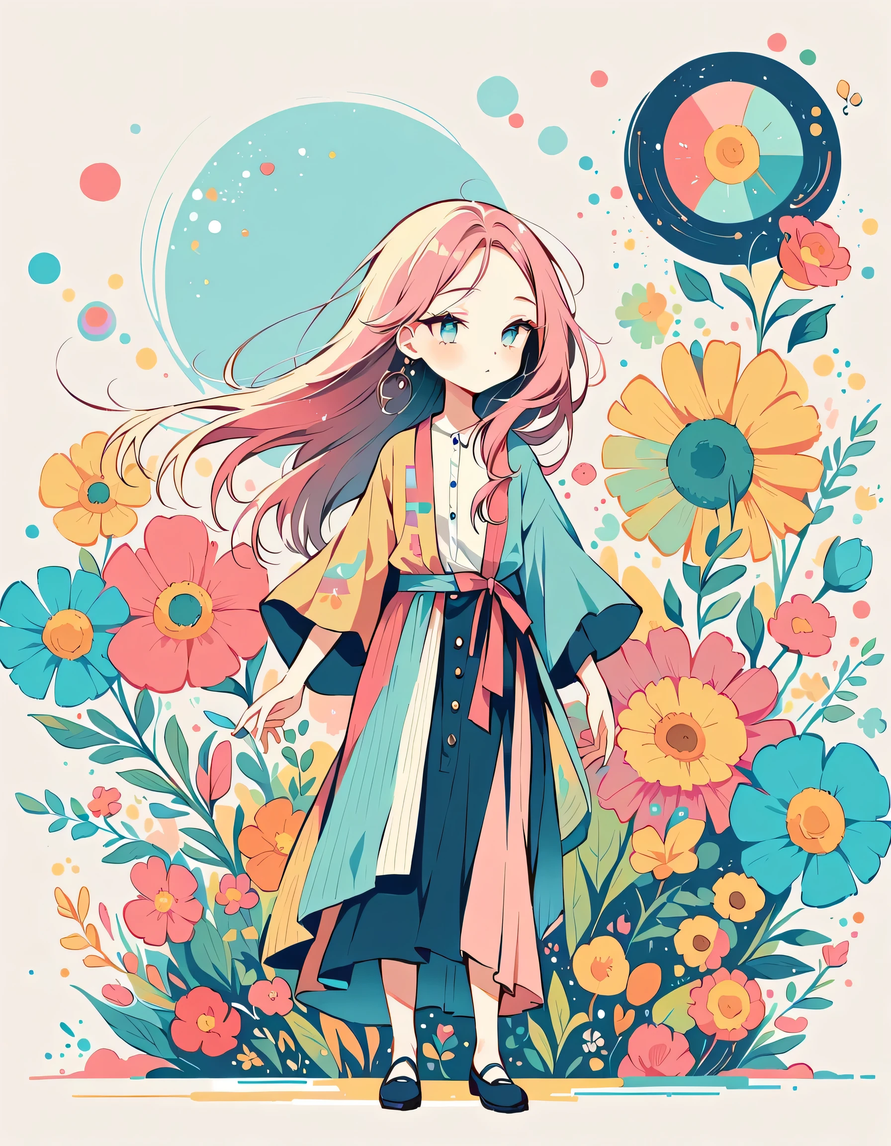 Akakura style, Standing in front of a high wall,Simple Line Initialism,Abstract art,Urban Background, (((The most beautiful girl))), colorful flowers