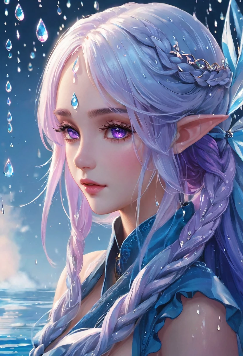 (masterpiece, illustration, best quality:1.5), 1 Elf girl, yinji, purple hair, purple eyes, long hair, white hair, double braids, gradient hair, water blue body painting, global illumination, finely detailed, beautiful face, beautiful detailed shading, (3_water_droplets), tilted halos, body lightly covered with frost, water elements, water drops, water, jowelery and wet atmosphere,beautifully detailed background, cinematic, black ice, pink and blue gems , transparent sky blue scarf , royal blue dress