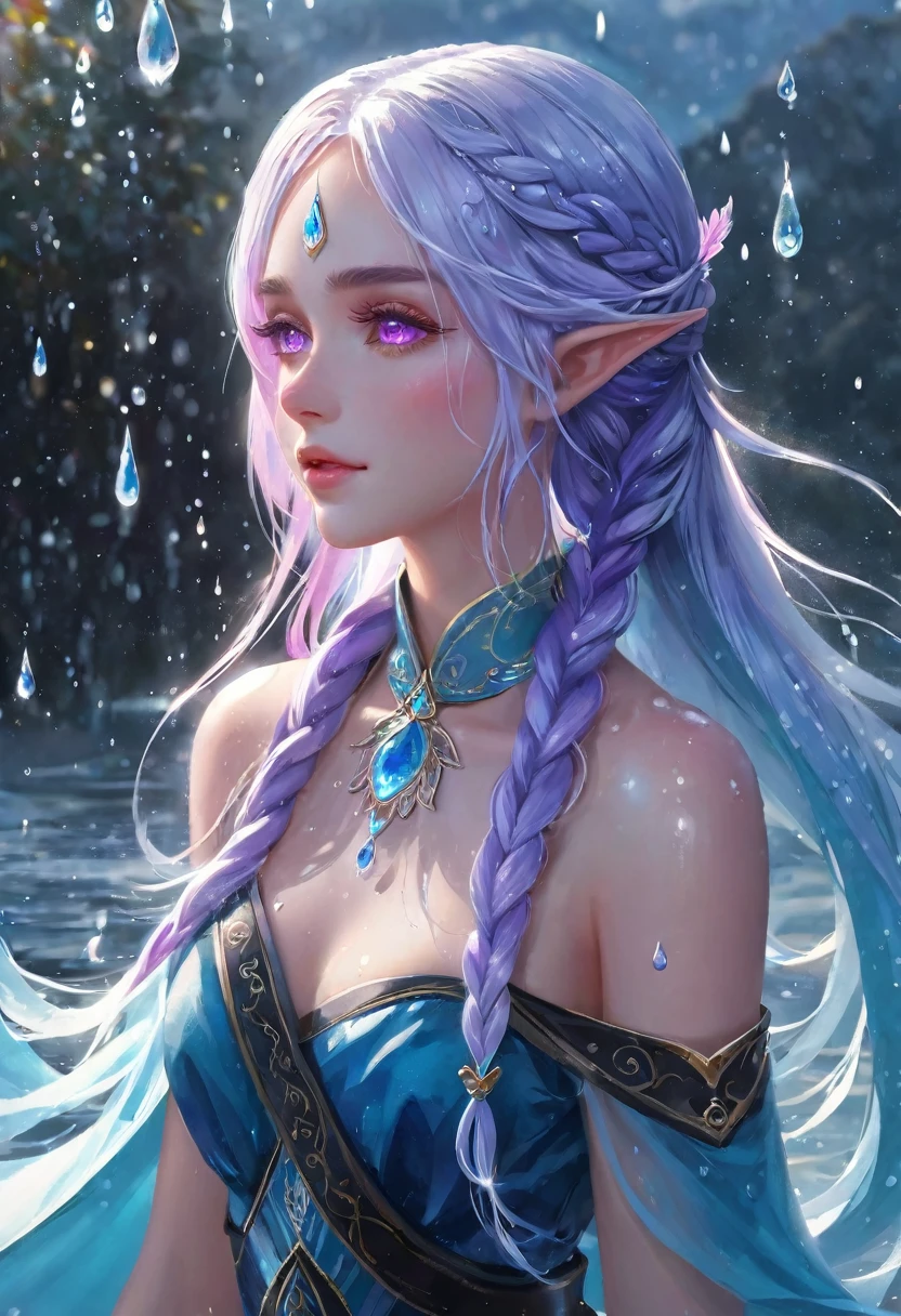 (masterpiece, illustration, best quality:1.5), 1 Elf girl, yinji, purple hair, purple eyes, long hair, white hair, double braids, gradient hair, water blue body painting, global illumination, finely detailed, beautiful face, beautiful detailed shading, (3_water_droplets), tilted halos, body lightly covered with frost, water elements, water drops, water, jowelery and wet atmosphere,beautifully detailed background, cinematic, black ice, pink and blue gems , transparent sky blue scarf , royal blue dress