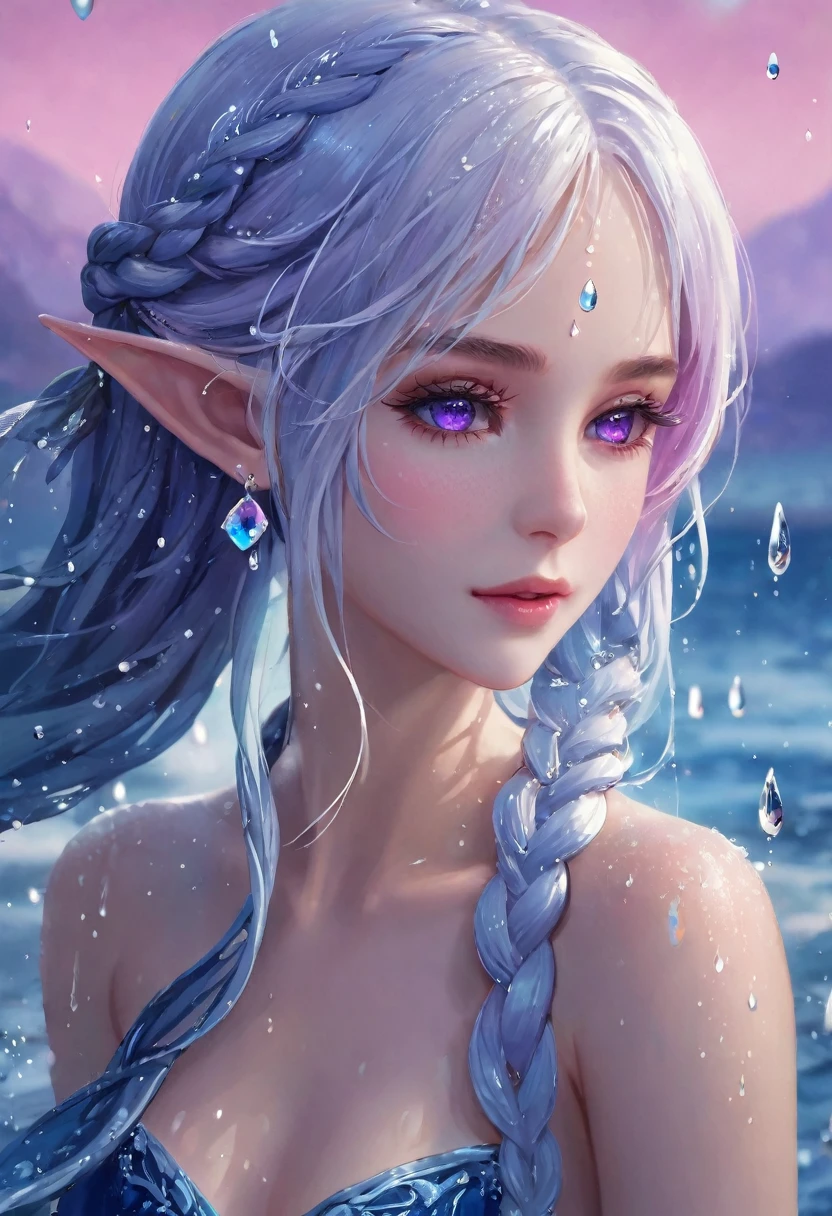 (masterpiece, illustration, best quality:1.5), 1 Elf girl, yinji, purple hair, purple eyes, long hair, white hair, double braids, gradient hair, water blue body painting, global illumination, finely detailed, beautiful face, beautiful detailed shading, (3_water_droplets), tilted halos, body lightly covered with frost, water elements, water drops, water, jowelery and wet atmosphere,beautifully detailed background, cinematic, black ice, pink and blue gems , transparent sky blue scarf , royal blue dress