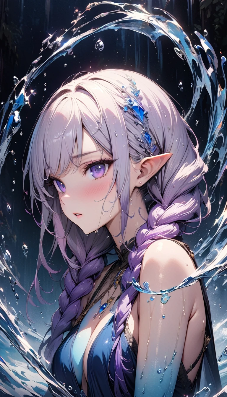 (masterpiece, illustration, best quality:1.5), 1 Elf girl, yinji, purple hair, purple eyes, long hair, white hair, double braids, gradient hair, water blue body painting, global illumination, finely detailed, beautiful face, beautiful detailed shading, (3_water_droplets), tilted halos, body lightly covered with frost, water elements, water drops, water, jowelery and wet atmosphere,beautifully detailed background, cinematic, black ice, pink and blue gems , transparent sky blue scarf , royal blue dress