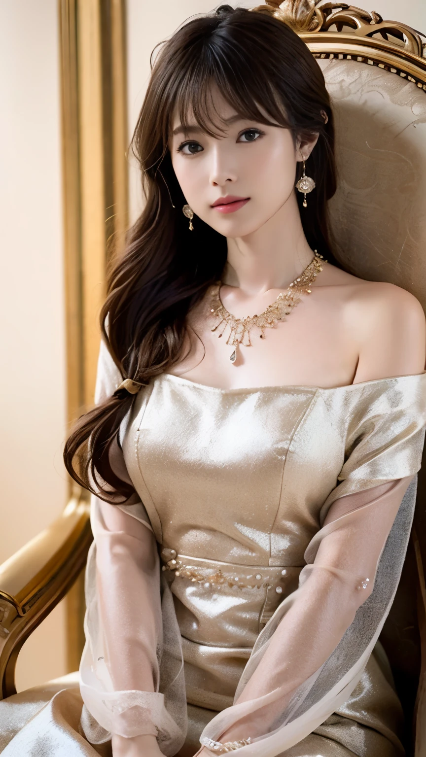 (((Perfect anatomy with detailed depictions of the limbs, with the direction of joint bending taken into consideration))),A ray of light shines through,玉座の横に立つ全身を撮Shadow,Historical oil painting style portrait: European female roles,20-year-old,Very long blonde hair, thin,Whole body visible from feet to head.Sitting on a medieval throne,Front position,She wears a long dress with elaborate and lavish decoration, with long sleeves and a hemline.,This dress is made from a luxurious material like silk.,Velvet and Satin,Embroidered with gold and silver threads,Adorned with pearls and precious stones,The color is deep royal gold,Symbolizes wealth and high status,She wears a long fur cape decorated with elaborate motifs over her shoulders.,exudes a solemn dignity,Her jewelry includes a jeweled crown.,necklace,Earrings,bracelet,The ring is all gold and studded with precious stones.,Her fair hair is adorned with expensive hairpins and a net adorned with pearls.,Her shoes are as elegant as the rest of her outfit.,Embroidered to match the dress,The throne is made of wood and decorated with gold leaf.,Dark Background,Complex background,In a medieval room,Soft Front Lighting,No reflection,Attention to detail,(Skin pores,Fabric texture,The Complexity of the Throne),Striving for realism,More about 8K resolution,I can see my pores,(Highly detailed RAW photos),(Extremely,Detailed skin,Realistic,heavy Shadow,Main Light,Subsidy light),Sharp focus,Movie,Imperfect skin, organize,texture,Detailed face,Detailed skin,Detailed fingers,Natural Hand 2-3500,Analog Film Photography,Deep Photo, Depth of written boundary,Ferrania P30 Film,Shadow,Perfect face and body, Low Light,Faded film, Low saturation, 35mm Photography, granular(((Beautiful hair neatly braided))),Fine particles that reflect light,4K Digital SLR Camera,Film Grain,Fujifilm XT3,(Saiharu Body),(Delicate eyes and face),Professional Perspective,Amazing details,Beauty condensed into one girl,繊細でHigh noseを持つ美しい顔,Coke bottle body,High nose, Clear chestnut eyes, Glossy lips,