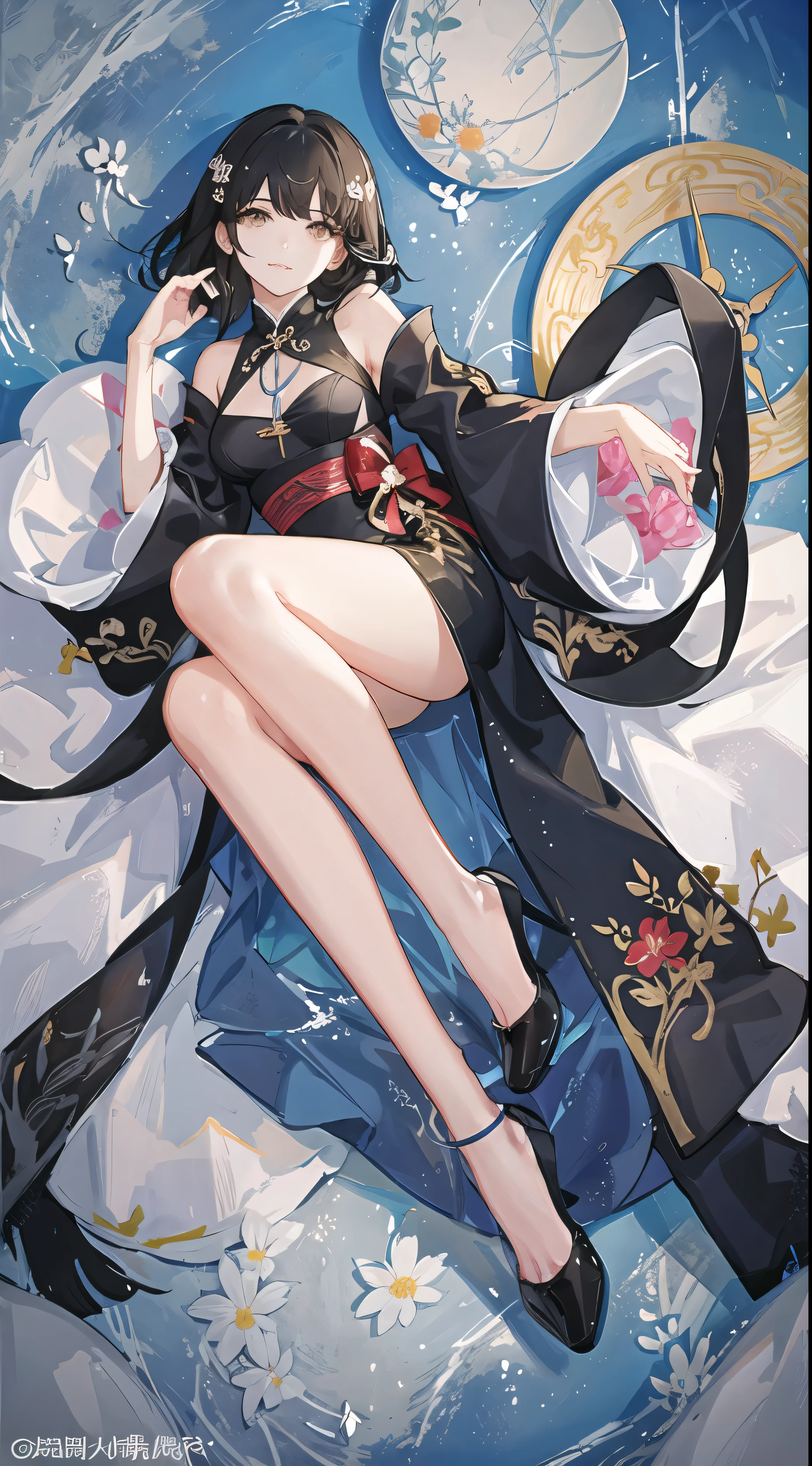 girl,whole body,(Delicate face:1.2), masterpiece, Fashion,cheongsam,, Medium Length Hair, Black Hair, Double tail, Bangs, Brown eyes,