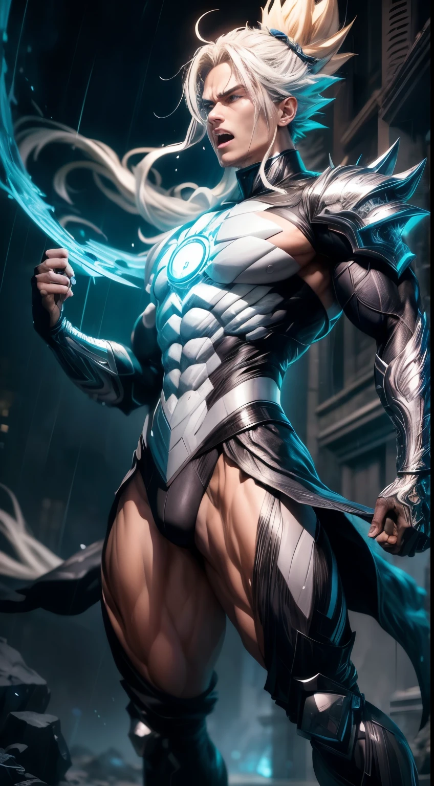 Anime style ultra instinct super saiyajin diamond silvered skin Goku, (yelling), expressive pose, platinum blonde long hair, Full body, wet skin, Wet hair, night sky, rain, cinematografic cartoon, hyperdetailed painting, luminism, art by Carne Griffiths and Wadim Kashin concept art, 4k resolution, fractal isometrics details bioluminescens , 3d render, octane render, intricately detailed , cinematic, trending on arts tation Isometric Centered hype reallistic cover photo awesome full color, hand drawn , gritty , intricate, hit definition , cinematic,Rough sketch, bold lines, on paper.