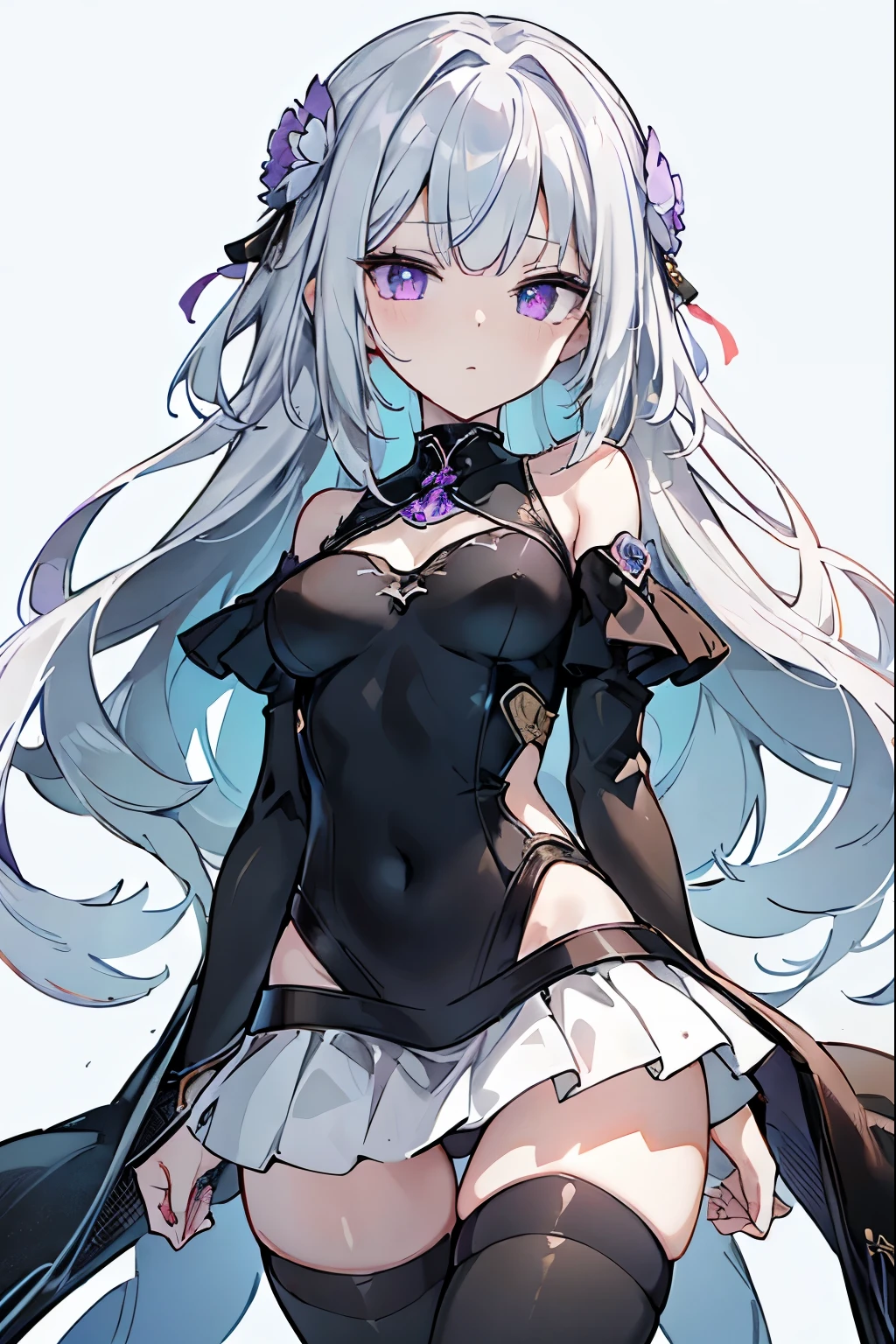 1girl, anime, cute girl, blank background, white background, fantasy, detailed fantasy dress with highlights, beautiful face, beautiful eyes, dark colors, black hair with multicolor streaks, red eye with different color pupil in eye, multicolor eye, medium breasts, slight cleavage, beautiful skin, cute, breast curtains, extremely delicate and beautiful, (beautiful detailed face:1.0), (detailed deep eyes), symmetrical breasts, deep eyes, shiny skin, portrait, slender waist, hips wider than shoulders, thighs, expressionless, young girl, luminous eyes, adorable,(Kpop idol),(aegyo sal:1),(Platinum blonde hair:1),((puffy eye)),Black panty,sexy posture,Superskirt, Ultra-high resolution,Black collar,slim figure, Abdominal y tattoo, womb tattoo,Tight-fitting leg ring,y tattoo on half-body,Bare skin, Armored hand,Hidden fingertips,Hand covered,Arm covered,Fist covered,{{beautiful detailed fingers}}, tufts of hair, moderate beautiful breast:1.0,(masterpiece:1.2), best quality, high-res, HDR, perfect face, intricate armor, delicate blue filigree, intricate filigree, red metalic parts, detailed part, dynamic pose, dynamic lights, cute face, neutral expression, shuimobysim, lotus, hanfu, maxi skirt, dress conservatively 1girl, solo, long blue hair, standing, One lady,years,((White hair) ,(Shiny purple bodysuit with microskirt),((Fantasy, Moon Night)), gradient_eyes,