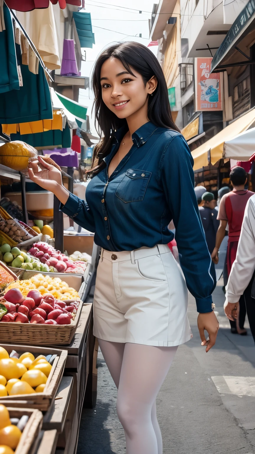 Show entire body ,feet in view. African American female, medium complexion, with a sprinkle of freckles. Standing at 5'8, big breasts,https://image.cdn2.seaart.ai/2024-02-03/cmv327te878c73e1qsl0/db495e33023cac2d7aa62adc0c8d72779794008c_high.webp Aria exploring a vibrant street market, browsing local artisan goods.Attire: Casual shirt outfit, sheer white tights . Pose: Engaged in conversation with a vendor, smiling and gesturing towards the goods.Location: Bustling street market with colorful stalls and bustling activity.