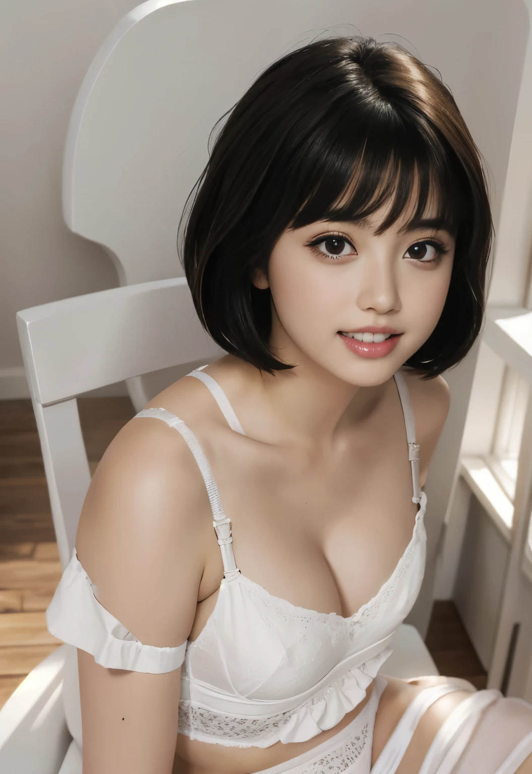 NSFW,(In 8K、highest quality、masterpiece、realistic、Super become familiar with、Photoreal), ((1 girls cute face:laughter:show teeth)、(beautiful and delicate eyes:double eyes),{{short hair}}, {{Bowl cut}}, {{straight hair}},{{Short bangs above the eyebrows,}},(lighting from below), , soft front light, beautiful expression, cute face,: short black hair and {{white Bra and panty}}, short brown hair and big eyes, black hair and big eyes, Stunning facial portrait, cute realistic portrait, , Realistic young woman, realistic face,, Realistic and beautiful big eyes, surreal ,{Sitting on a wooden chair:1.5}}