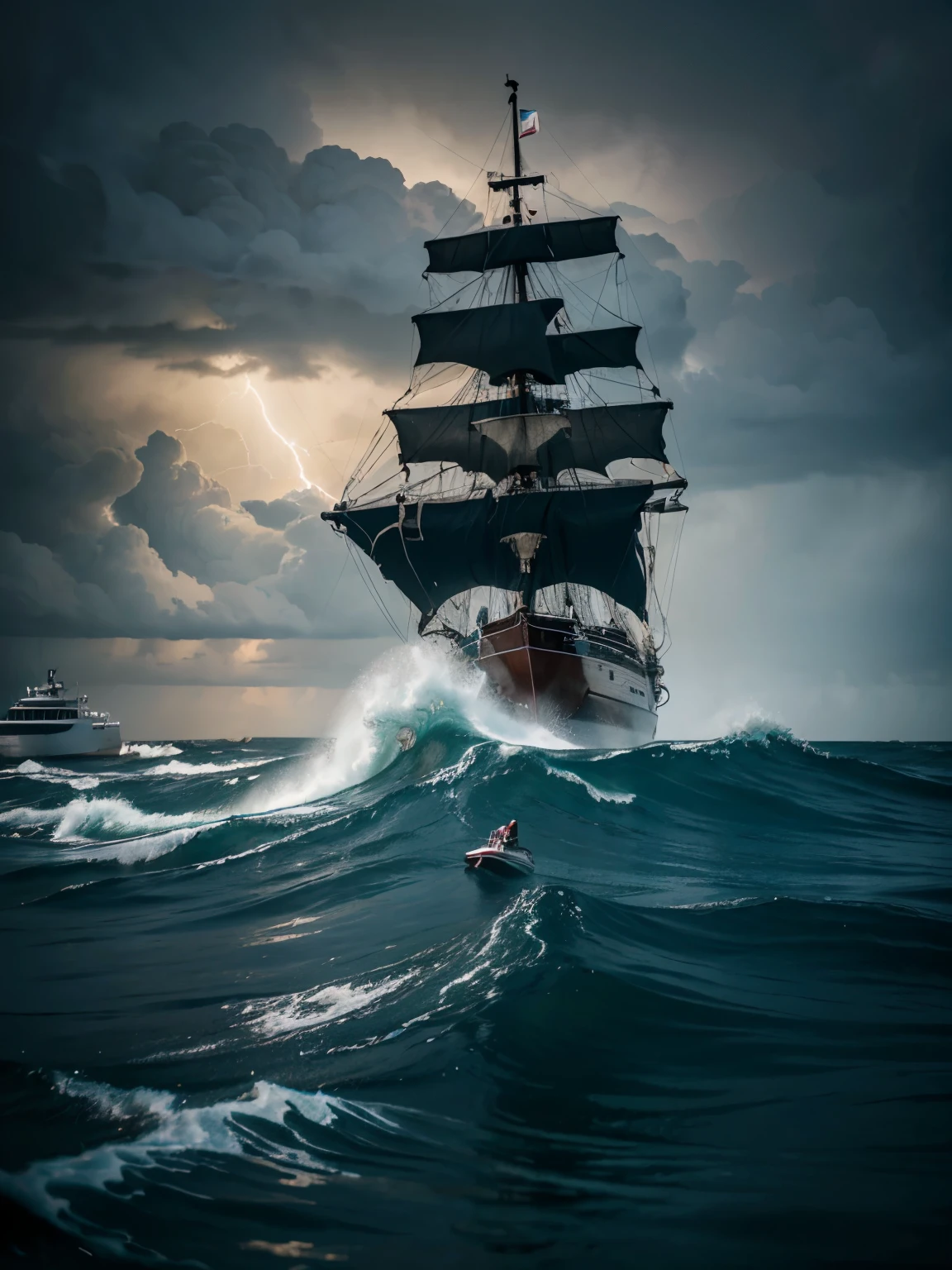 ((huge wave)) over an old damaged ((Spanish galleon)) hit by a gigantic wave, lightning storm, torrential rain, large volume of water over the galleon, aged galleon, inclined Galleon about to sink, worn nautical sails, in the middle of a monumental storm, night scene, darkness, dark suspenseful image, ((extremely violent sea)), absurdly violent storm, ((threatening ocean)) (on the deck) ((inside the boat))
