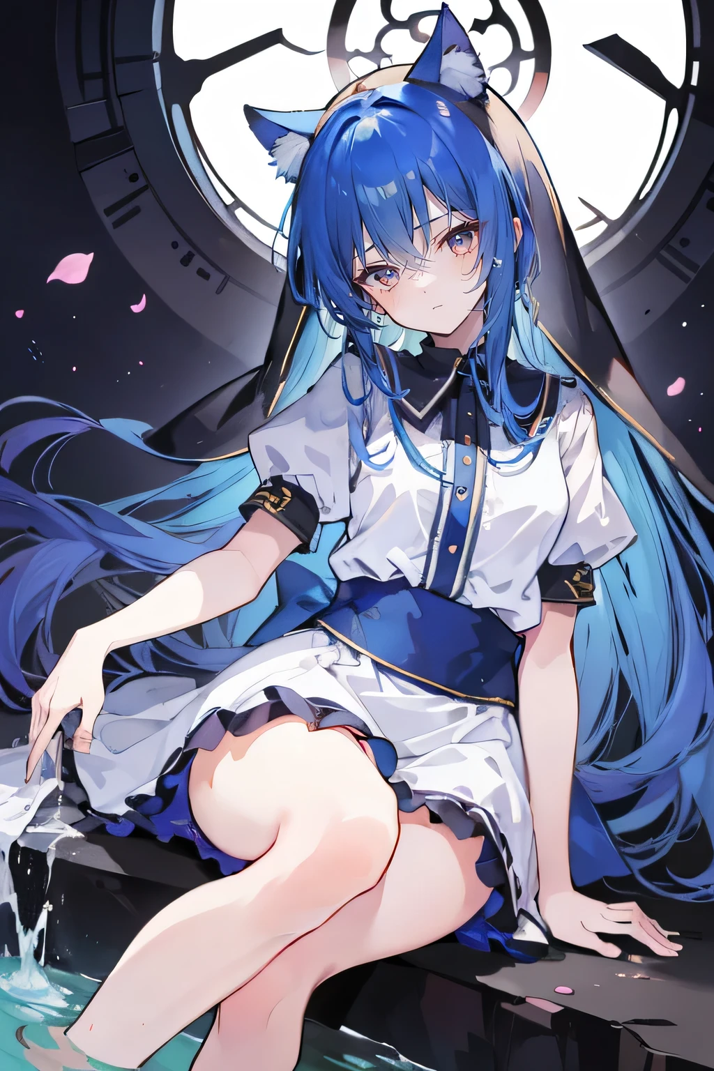 (masterpiece:1.2),Extremely detailed,Practical,expressive eyes,Fair skin,Perfect face shaping,1 Girl,
Japanese cartoons,Gorgeous blue hair, the long flowing blue hair,Floating clothes,Cat ears,Petals fall,beautiful lola,Young Angel,
Place your hands on your waist,sit elegantly on the ground,Cross your legs,Gentle and peaceful background,stately church,nun,lie on the water,Blackening,A look of disdain.