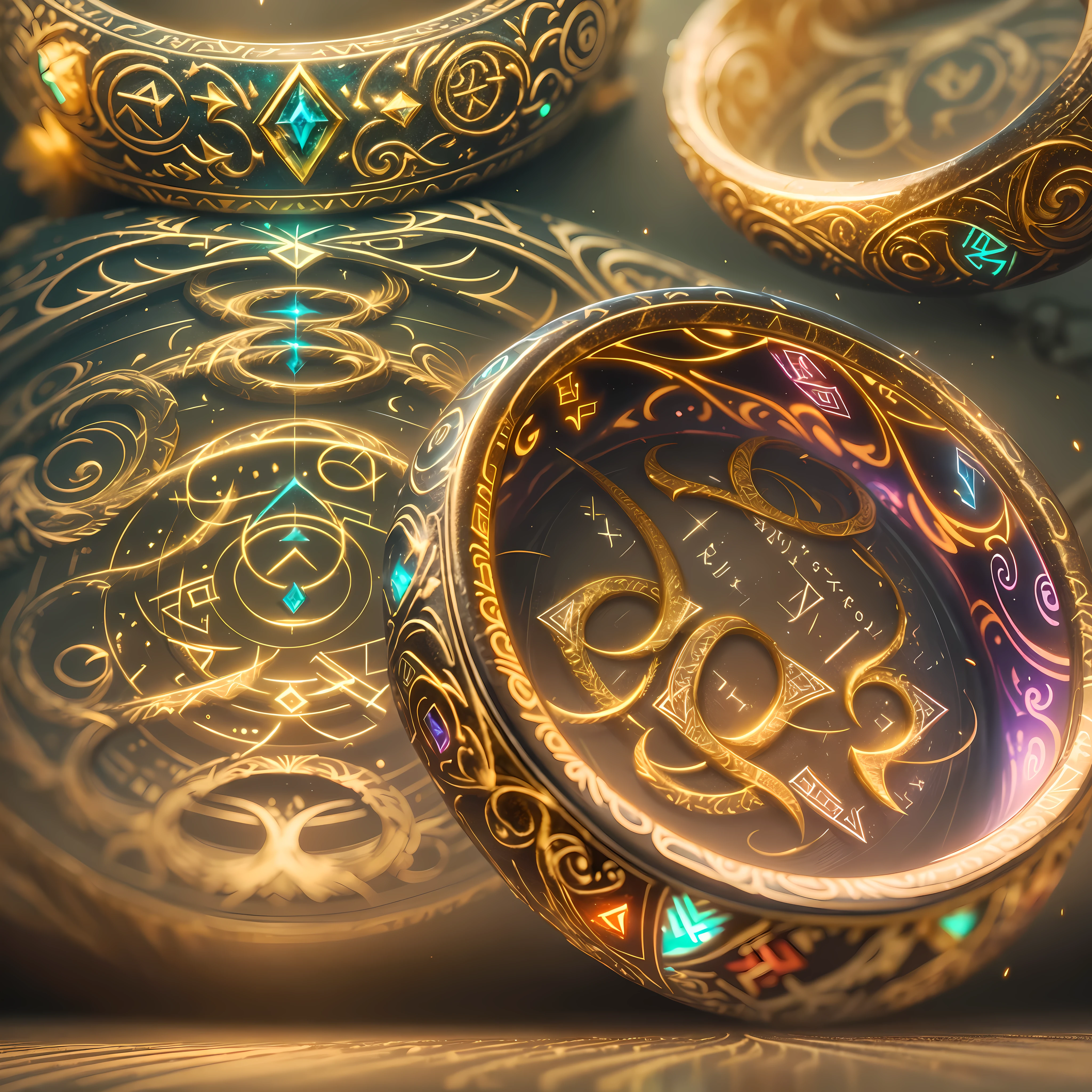 (best quality,4k,highres), front view, glowing rune AI,wedding ring,round golden ring with a fantasy magical vibe,elegant with intricate glowing runic lines,shiny and eye-catching,runic ring with a small, sparkling rainbow-colored diamond on top,together creating a harmonious and enchanting design,unveiling mysteries and wonder through its radiant and delicate presence,vivid colors enhancing its allure,subtle lighting accentuating its beauty.