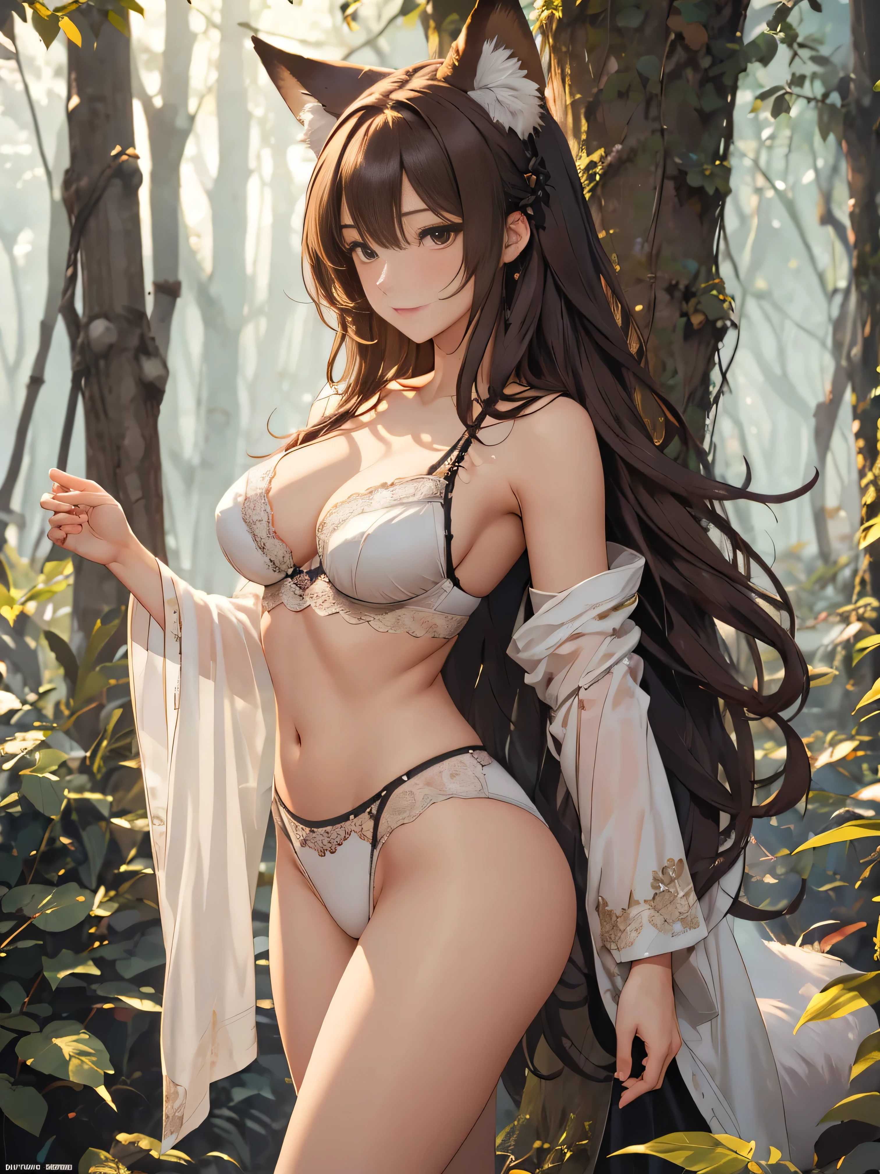 A beautiful girl in the forest, standing by a tree, legs apart, hands stretched out, full space, deep V big chest, full body close-up, lovely and fluffy beauty, a beautiful fox woman, cosplay gorgeous fragrance, popular on CGStation, Yoshitomo Nara style, sexy fox ear lady, sexy girl, lace perspective thin white underwear, wearing sexy underwear, sexy body, 21 years old, sexy style. Sexy and hot body, long wavy brown hair, shiny, sunny and hot, fragrant role-playing, illuminated from behind, authentic gravure idol