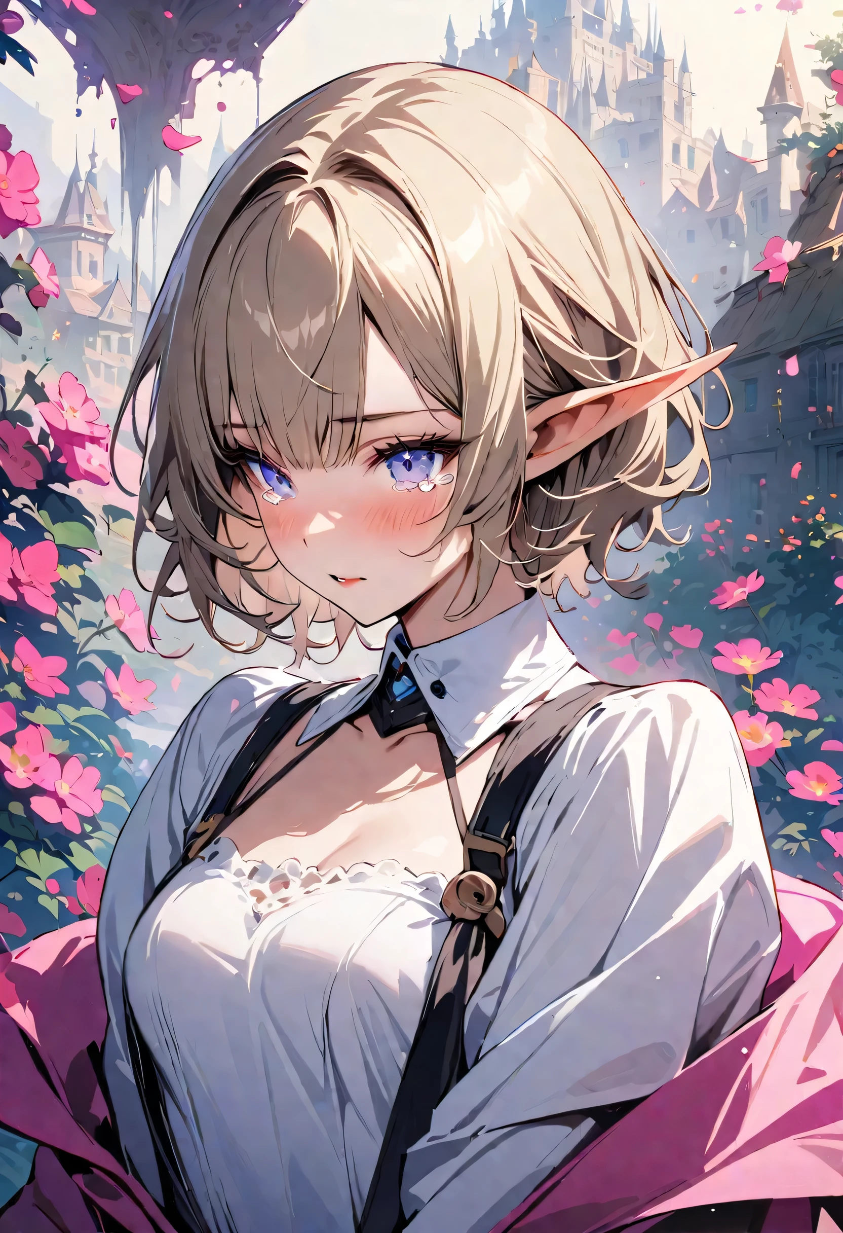 masterpiece, highest quality, Illustrations for novels, High resolution, 18+ Adult content, Sensual, Intimate, Emotional, Passionate, romantic, sweet, Adorable, Innocent, Pure, Fascinating, Fascinating, attractive, Mysterious, Fascinating, Fascinating, Immersive, Fascinating, dream-like, Surreal, Imaginative, Whimsical, artistic, Avant-garde, timeless, elegant, Sophisticated, chic, Sophisticated, Individuality, original, Fascinating,(( Elf:1.3)),((Beautiful Tears))、Upper Body